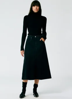 Denim|Skirts>Tibi Denim Midi A-Line Skirt Black