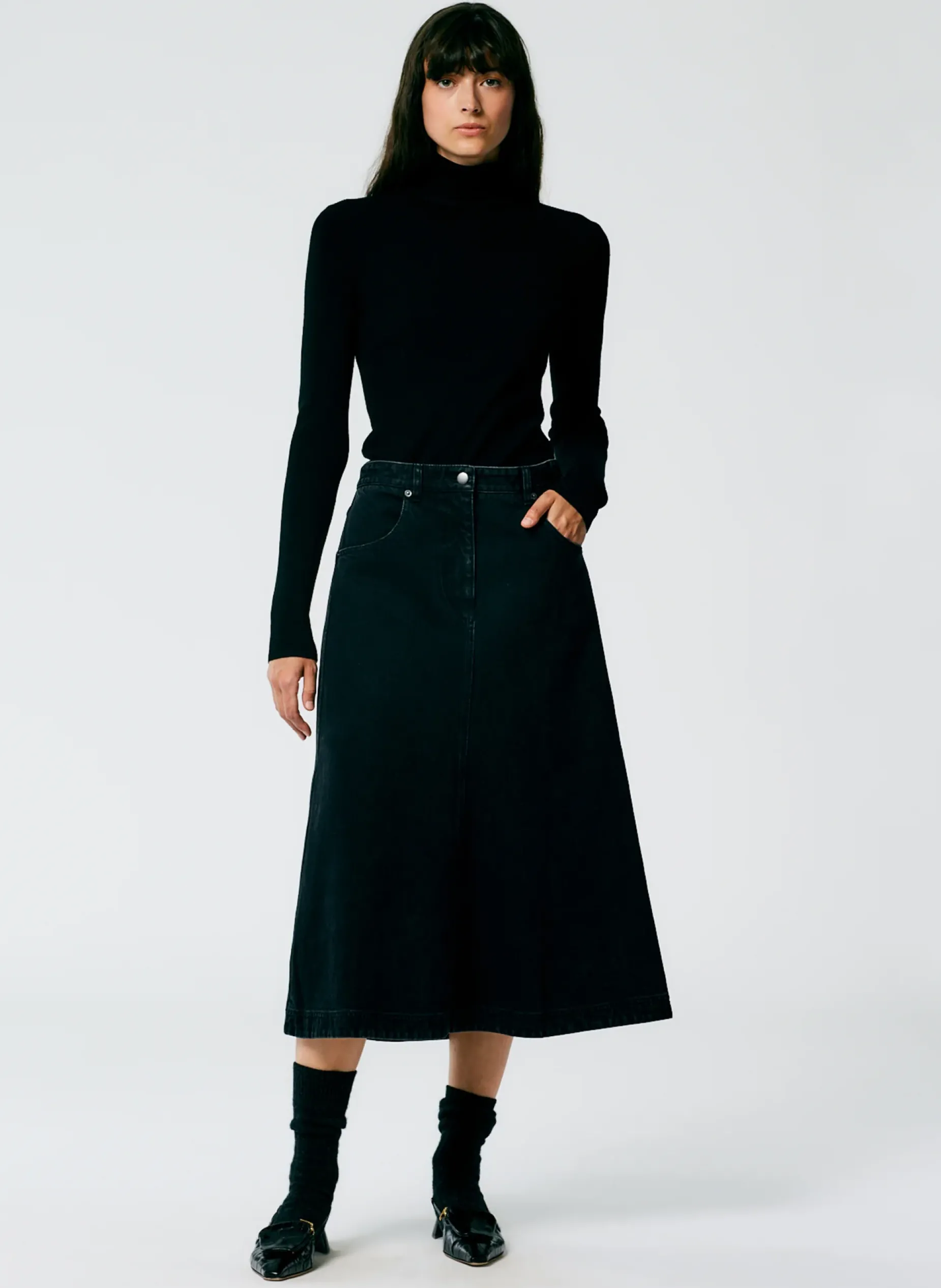 Denim|Skirts>Tibi Denim Midi A-Line Skirt Black