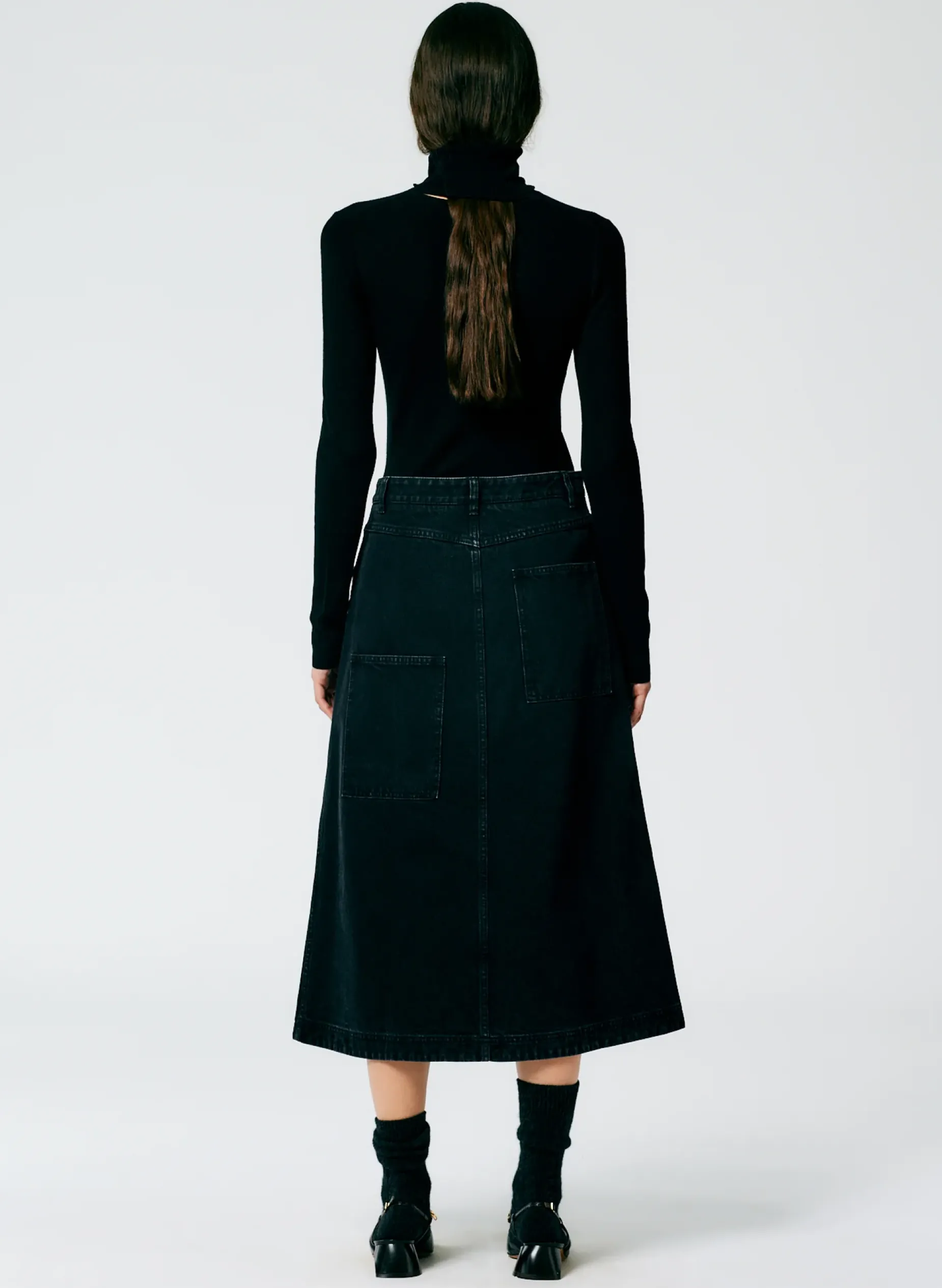 Denim|Skirts>Tibi Denim Midi A-Line Skirt Black