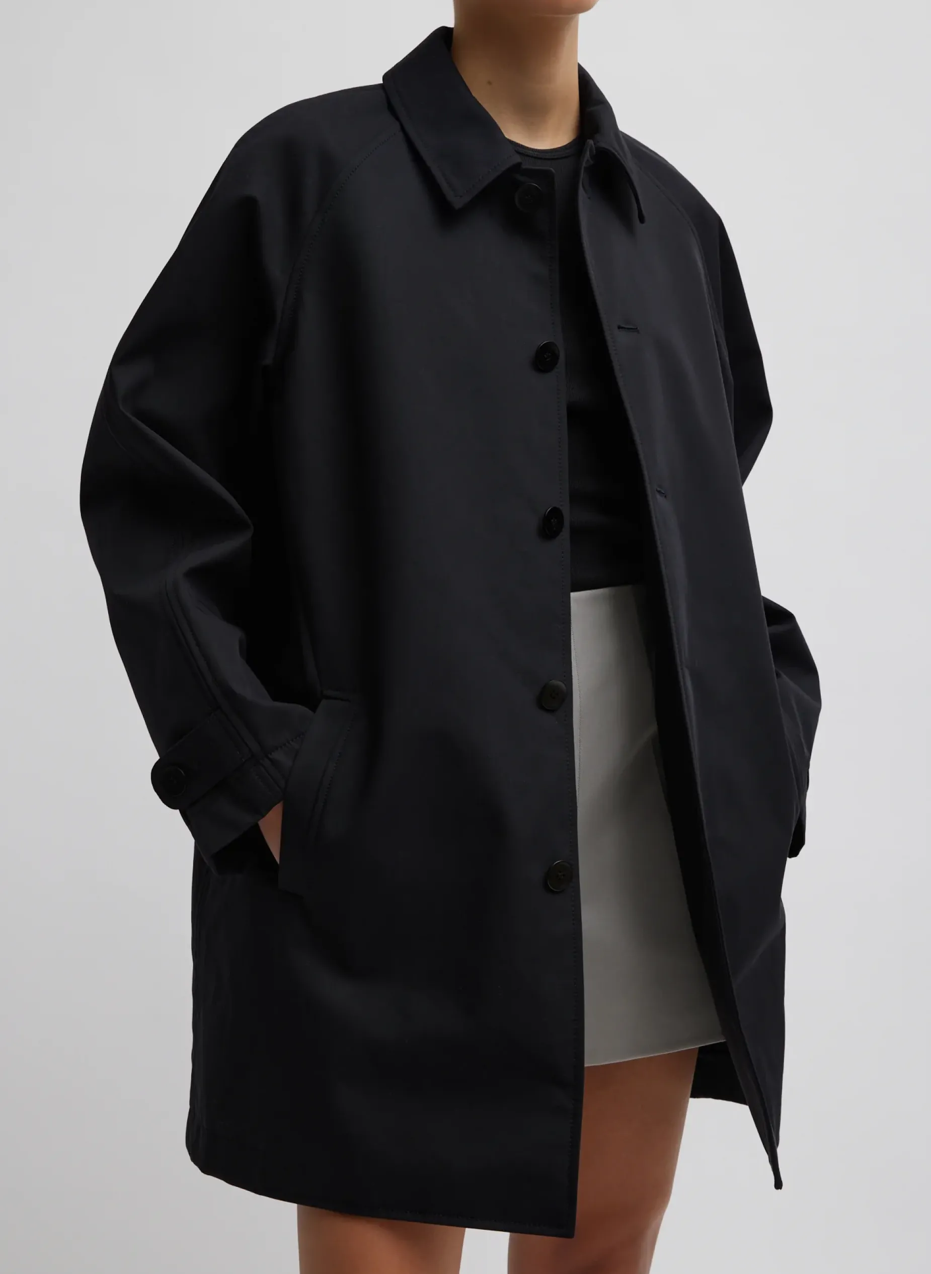 Jackets & Outerwear>Tibi Bonded Luxe Twill Carcoat Black