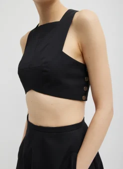 Tops>Tibi Bonded Luxe Twill Square Neck Cropped Top Black
