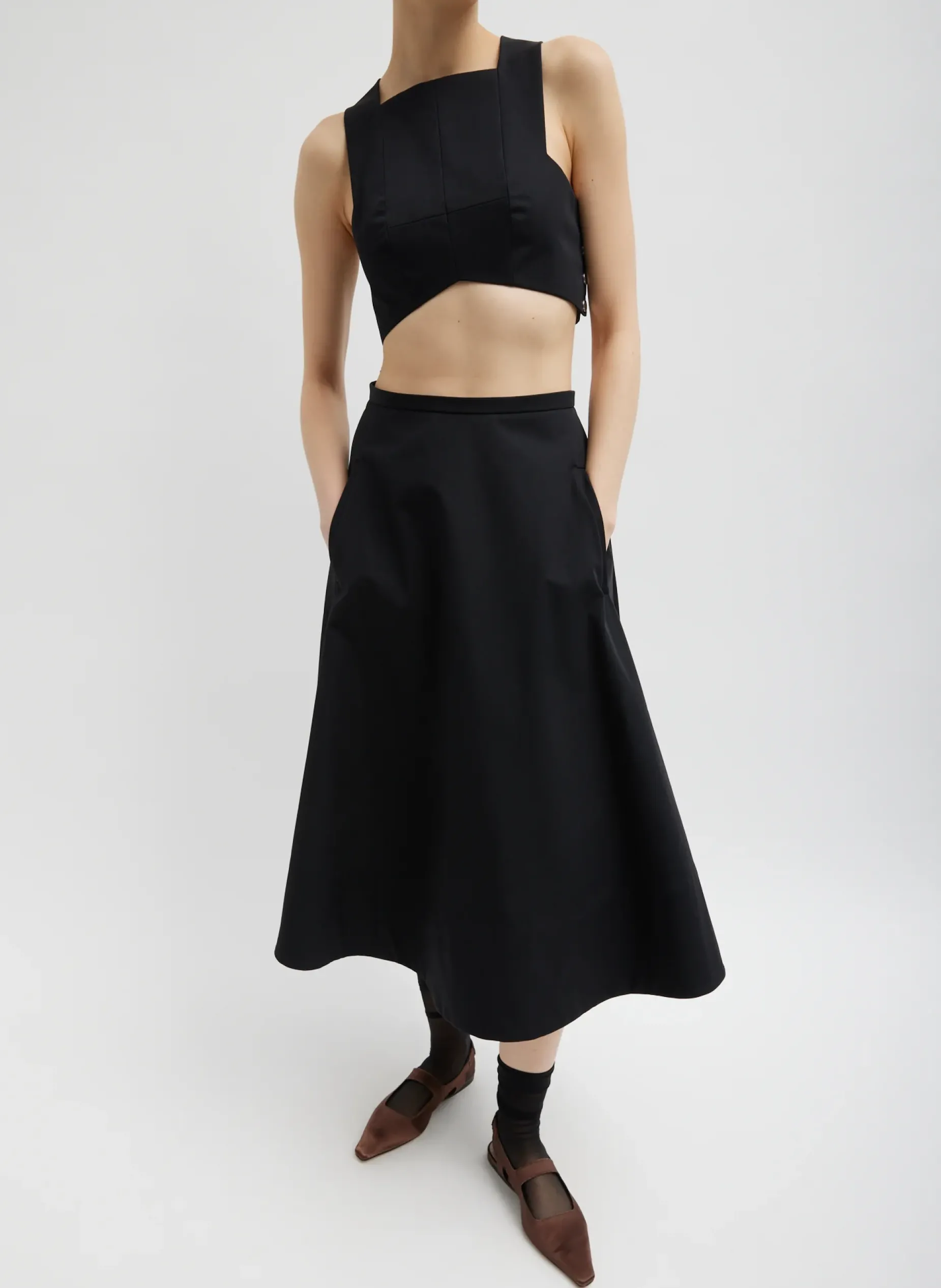 Tops>Tibi Bonded Luxe Twill Square Neck Cropped Top Black
