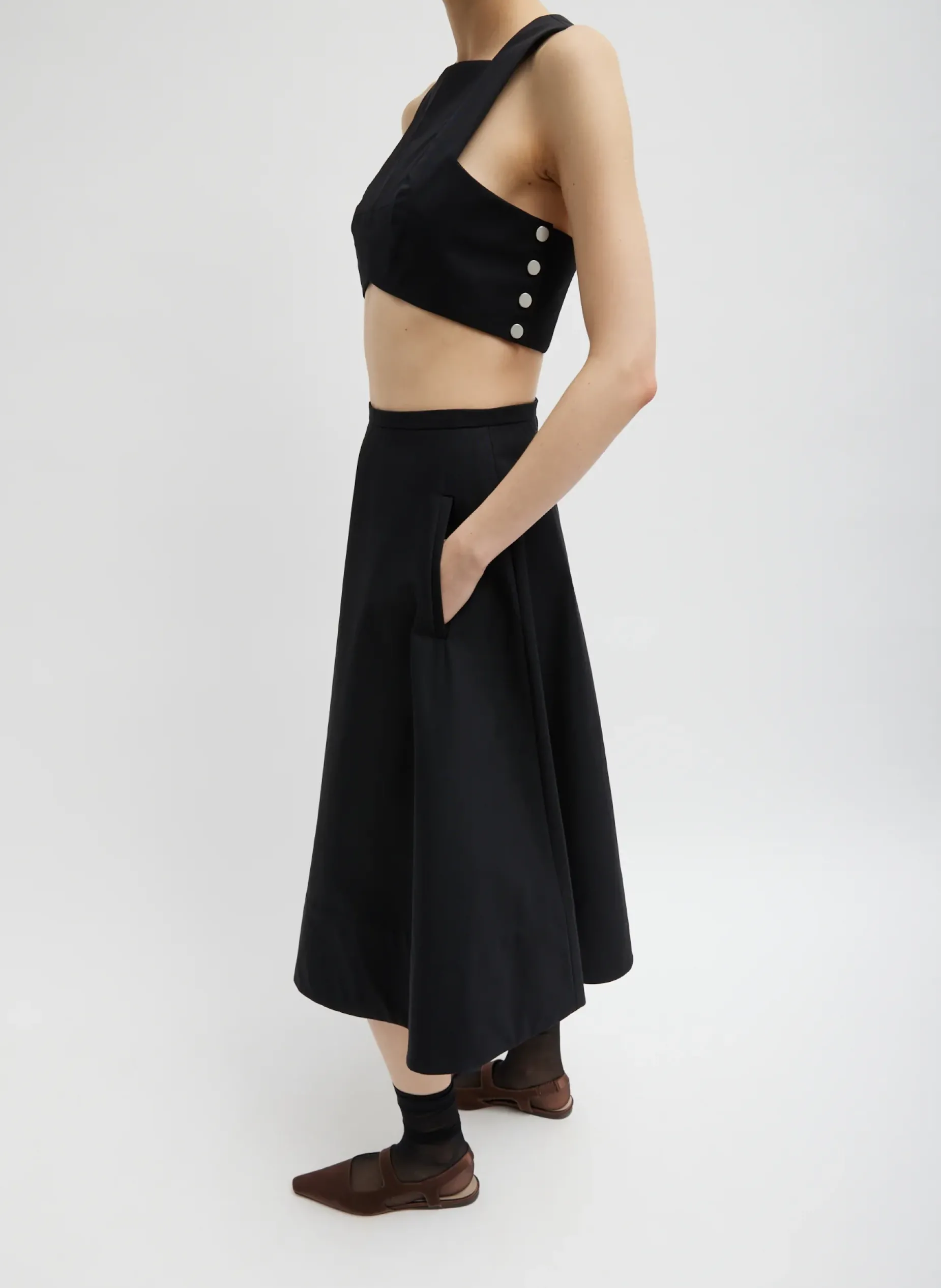 Tops>Tibi Bonded Luxe Twill Square Neck Cropped Top Black