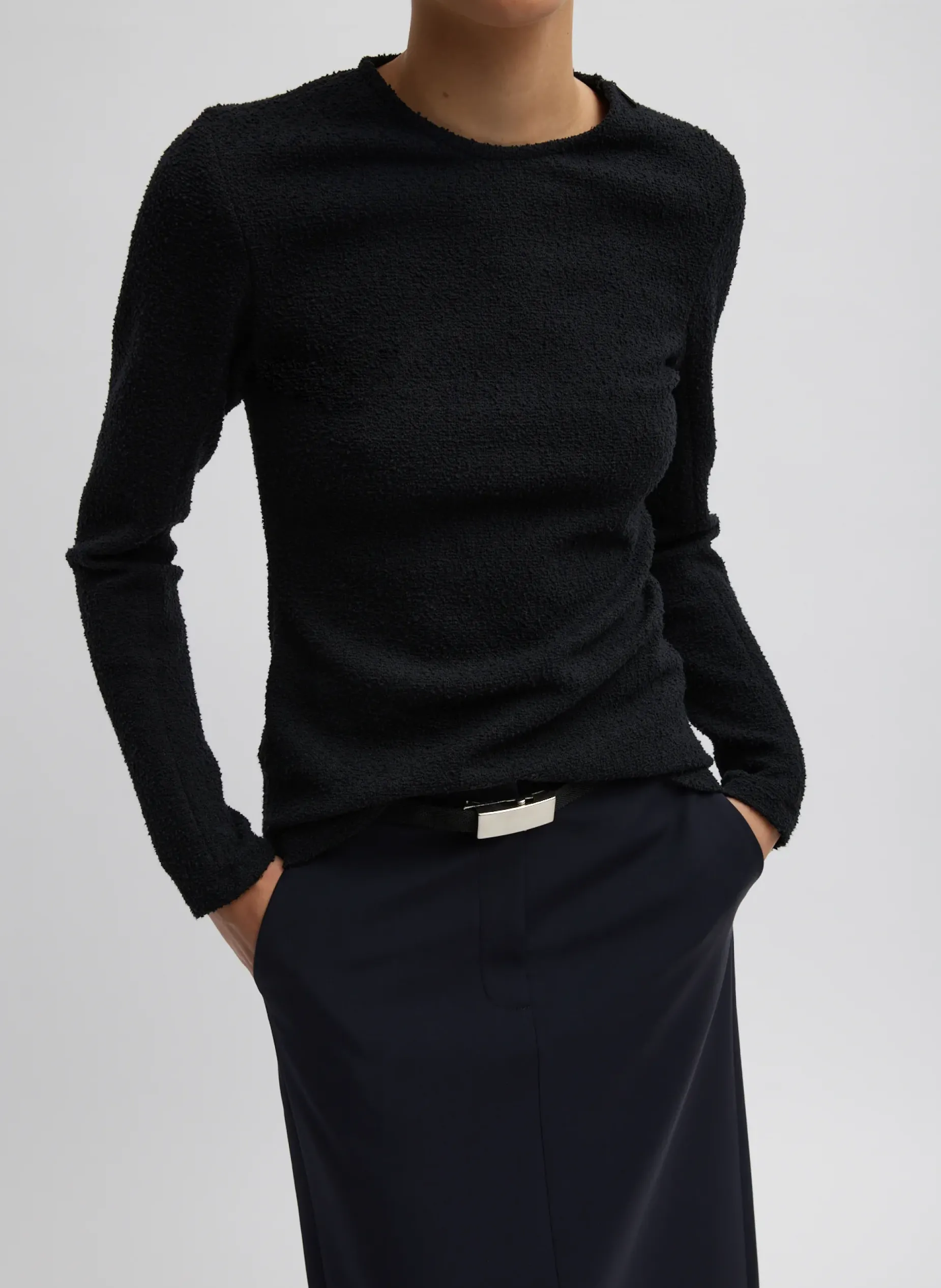 Tops>Tibi Boucle Knit Long Sleeve Circular Top Black