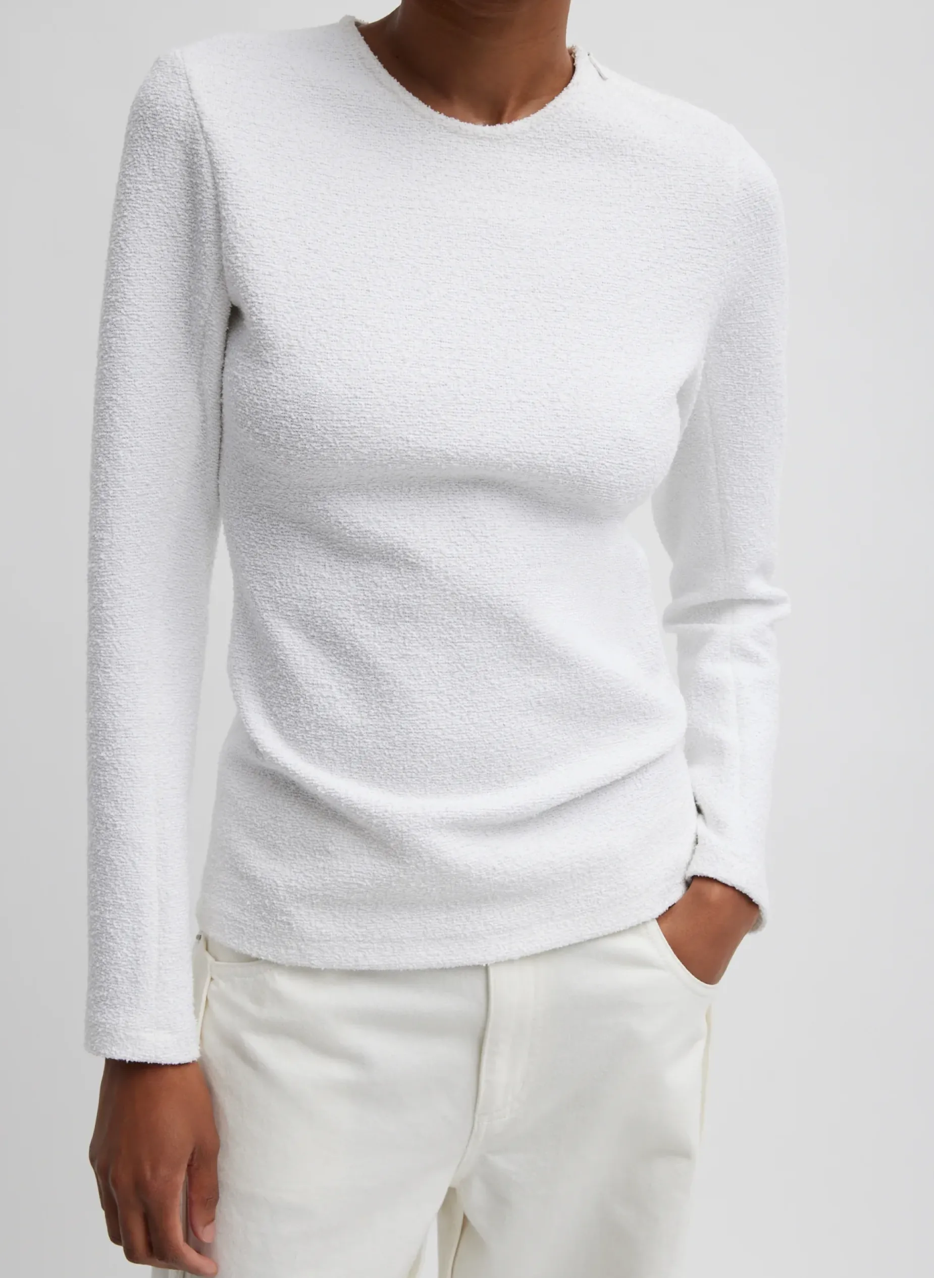 Tops>Tibi Boucle Knit Long Sleeve Circular Top White