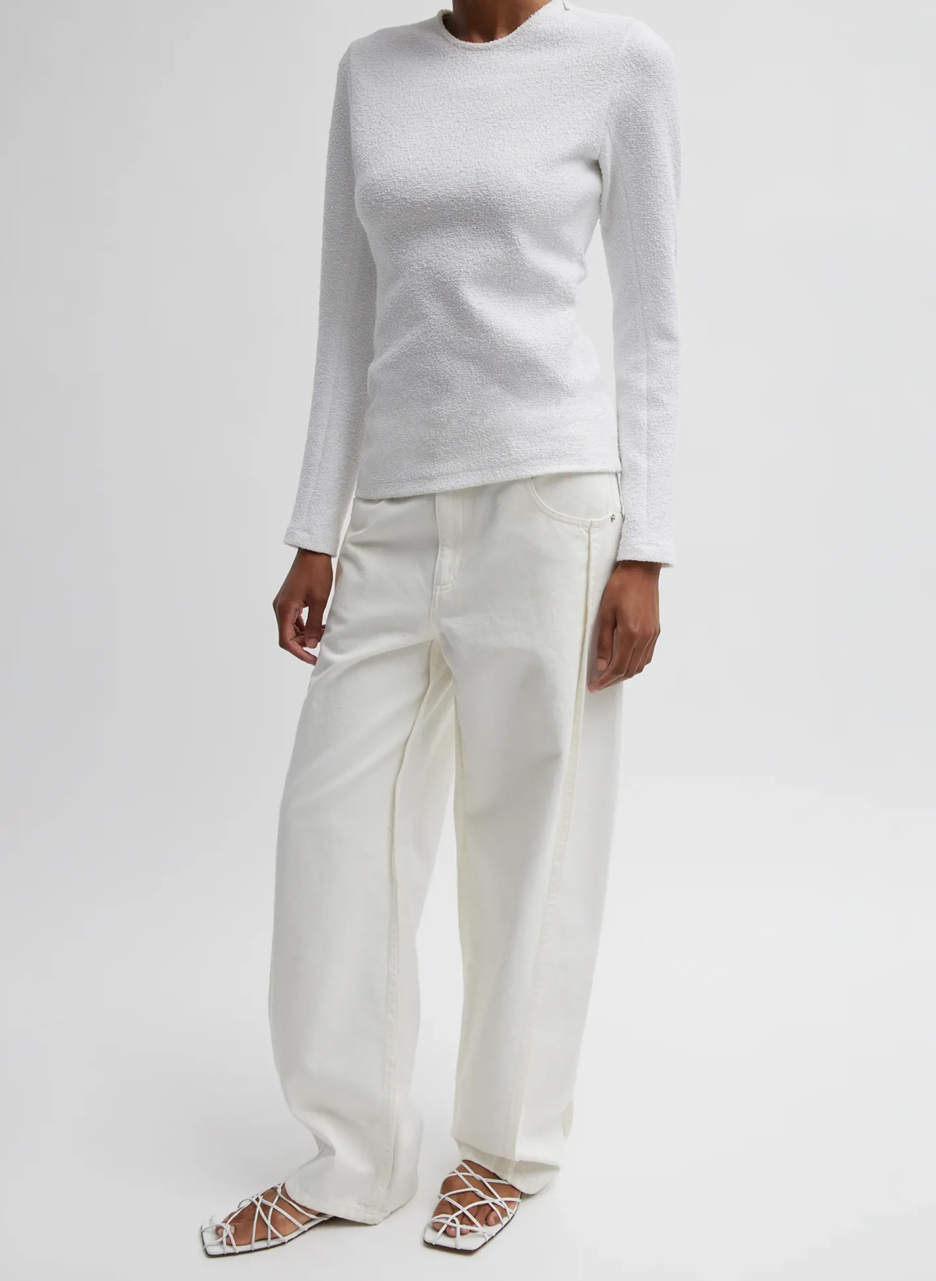 Tops>Tibi Boucle Knit Long Sleeve Circular Top White