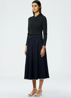 Denim|Skirts>Tibi Brushed Denim Pintucked Skirt Indigo