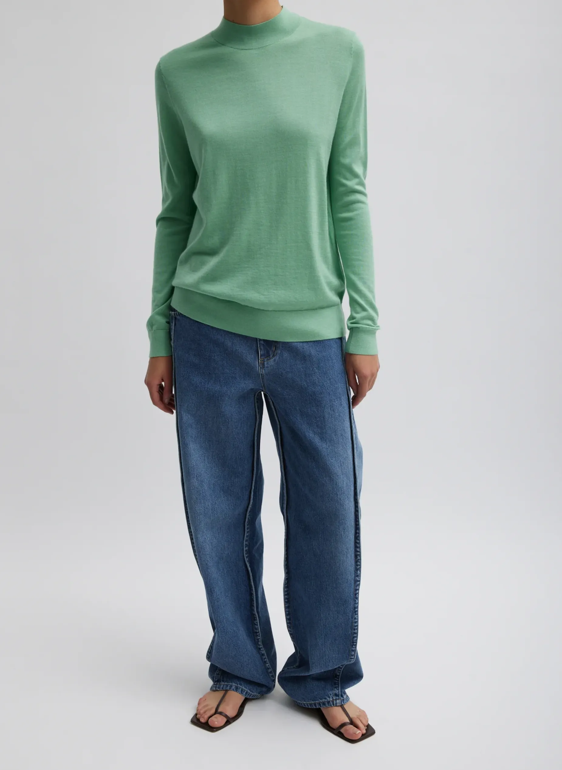 Knitwear & Sweatshirts>Tibi Cashmere Silk Blend Mock Neck Easy Sweater Green Tea