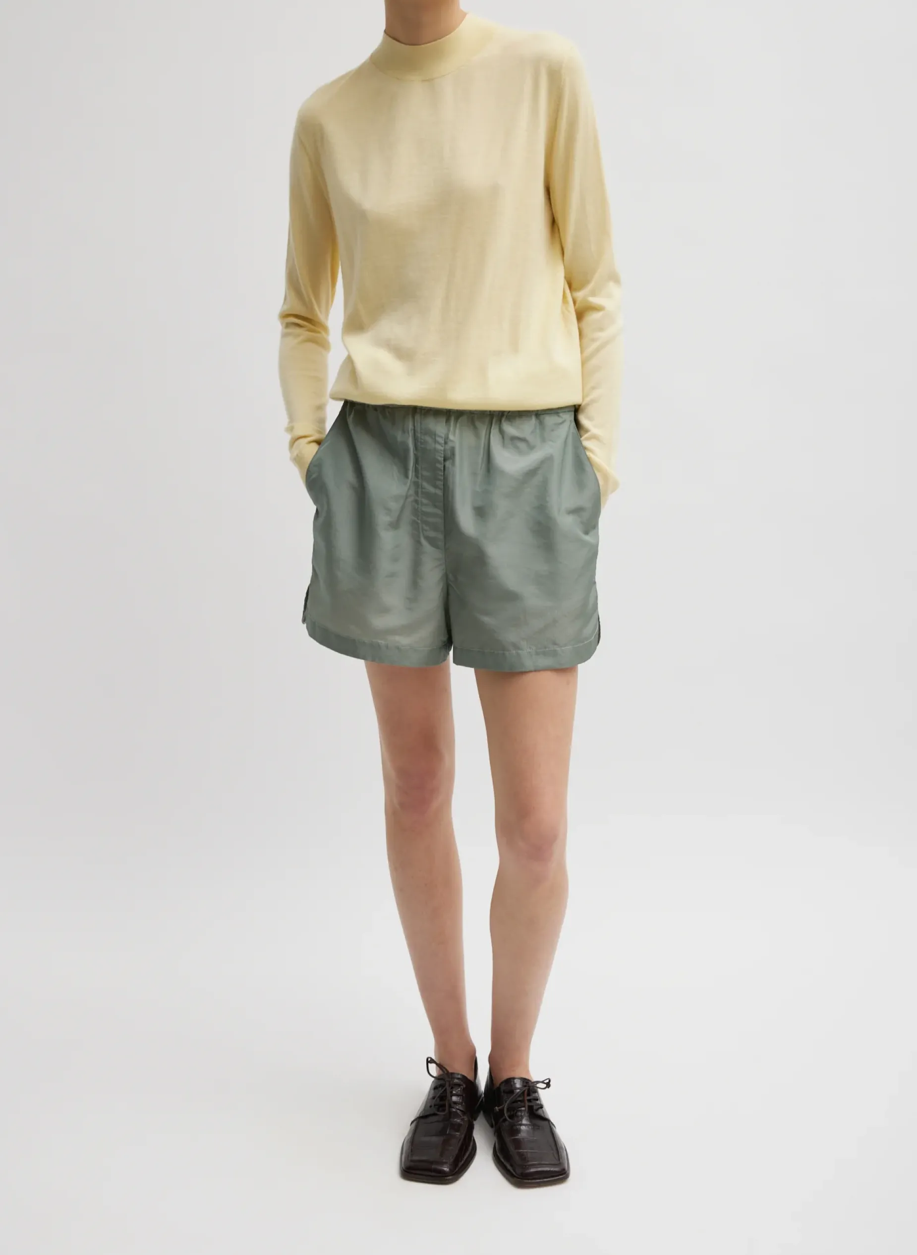 Knitwear & Sweatshirts>Tibi Cashmere Silk Blend Mock Neck Easy Sweater Lemon Ice