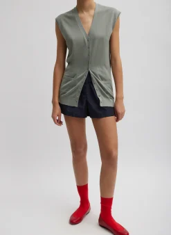 Knitwear & Sweatshirts>Tibi Cashmere Silk Blend Sleeveless Button Down Sweater Pumice Grey