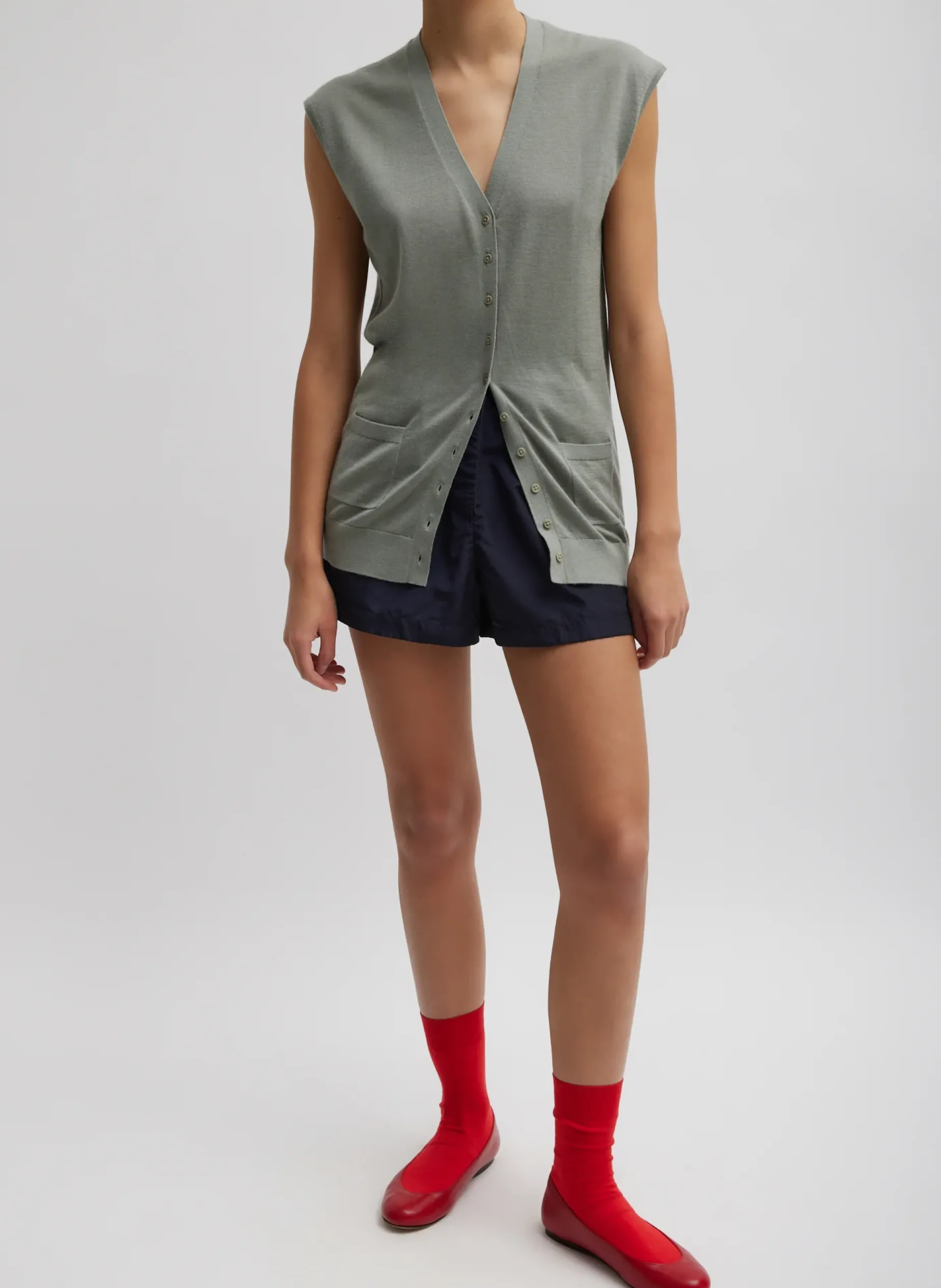 Knitwear & Sweatshirts>Tibi Cashmere Silk Blend Sleeveless Button Down Sweater Pumice Grey