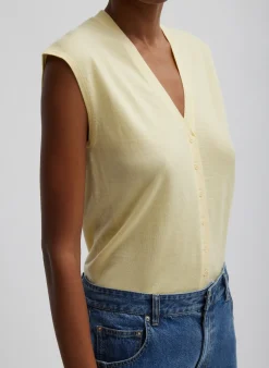 Knitwear & Sweatshirts>Tibi Cashmere Silk Blend Sleeveless Button Down Sweater Lemon Ice