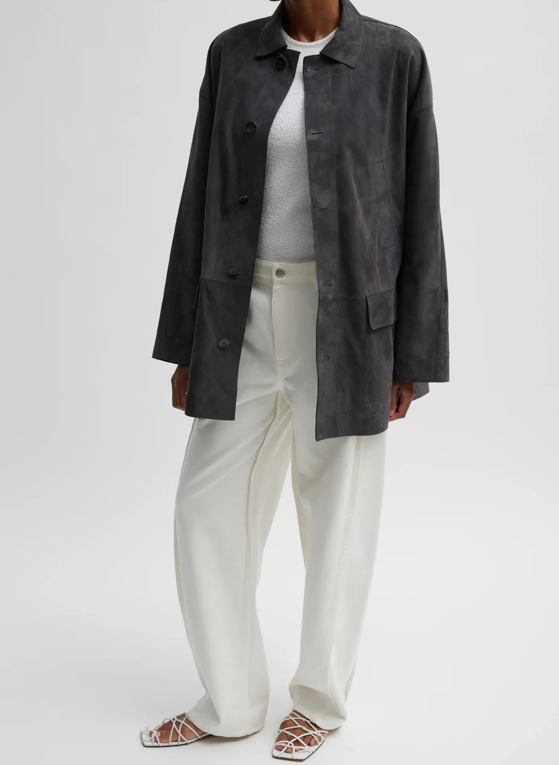 Jackets & Outerwear>Tibi Cassiterite Suede Carcoat Grey