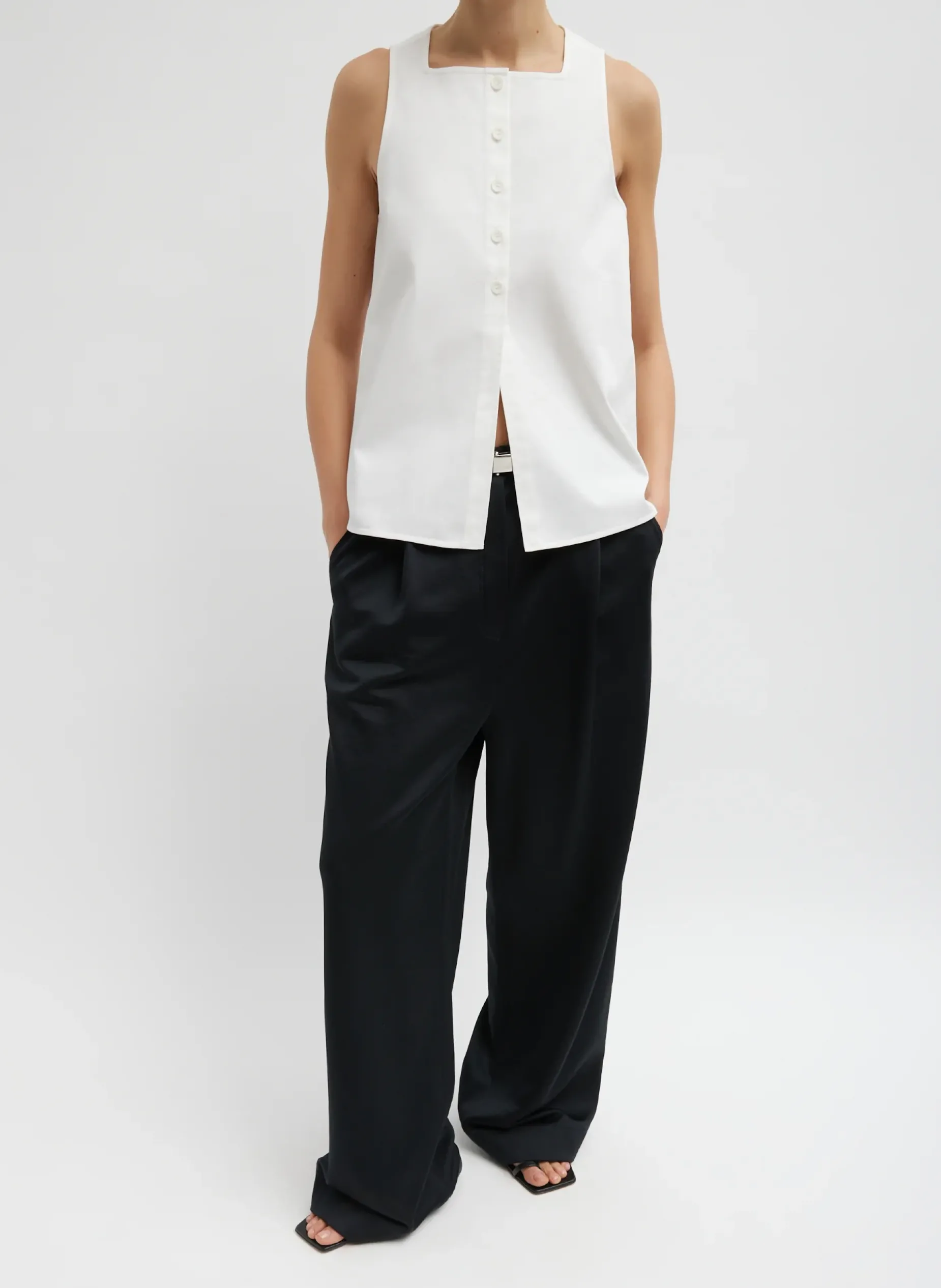 Tops>Tibi Chino Slit Front Sleeveless Top White