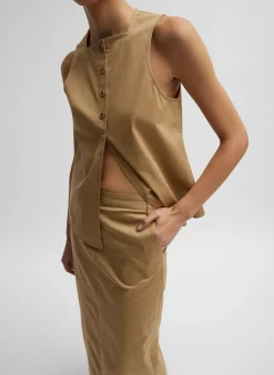 Tops>Tibi Chino Slit Front Sleeveless Top Tan