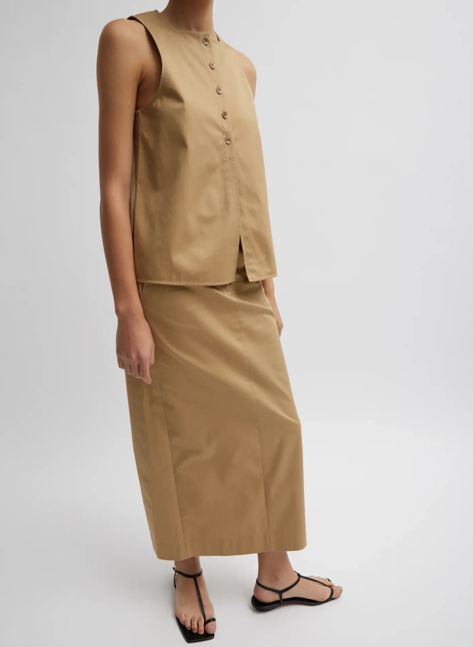 Tops>Tibi Chino Slit Front Sleeveless Top Tan