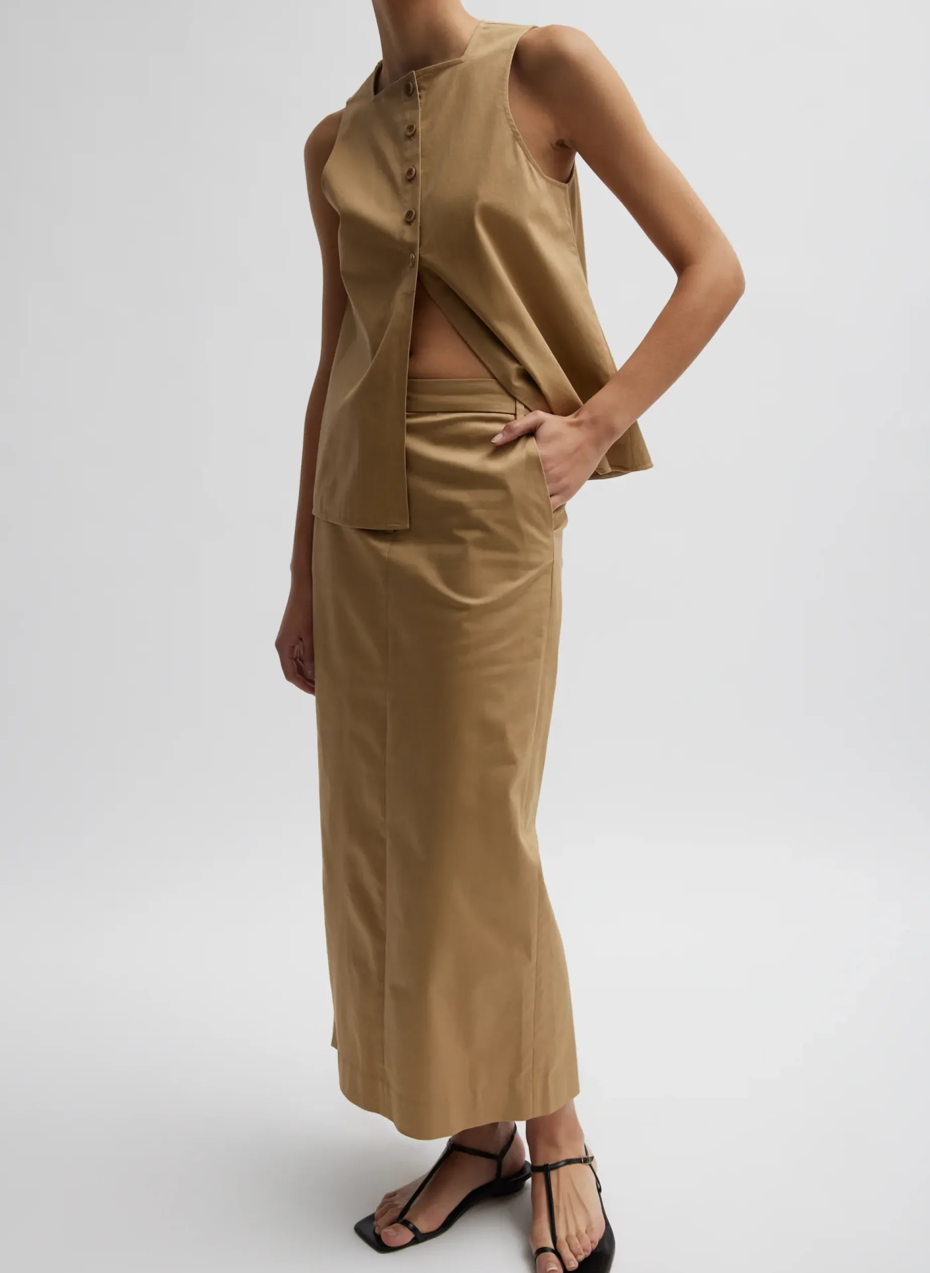 Tops>Tibi Chino Slit Front Sleeveless Top Tan
