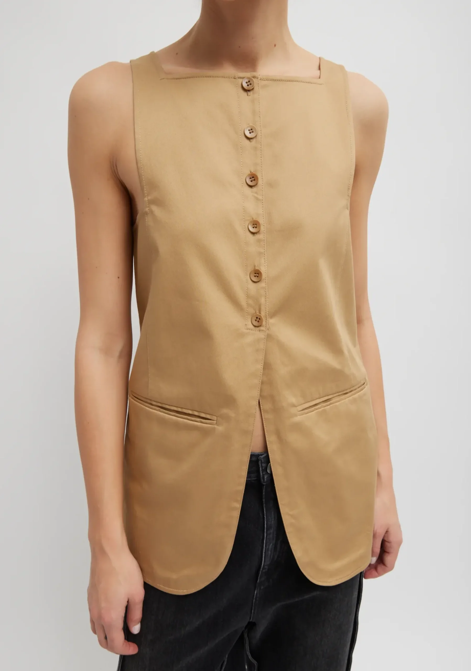 Tops|Curated Closets>Tibi Chino Slit Front Sleeveless Tunic Tan