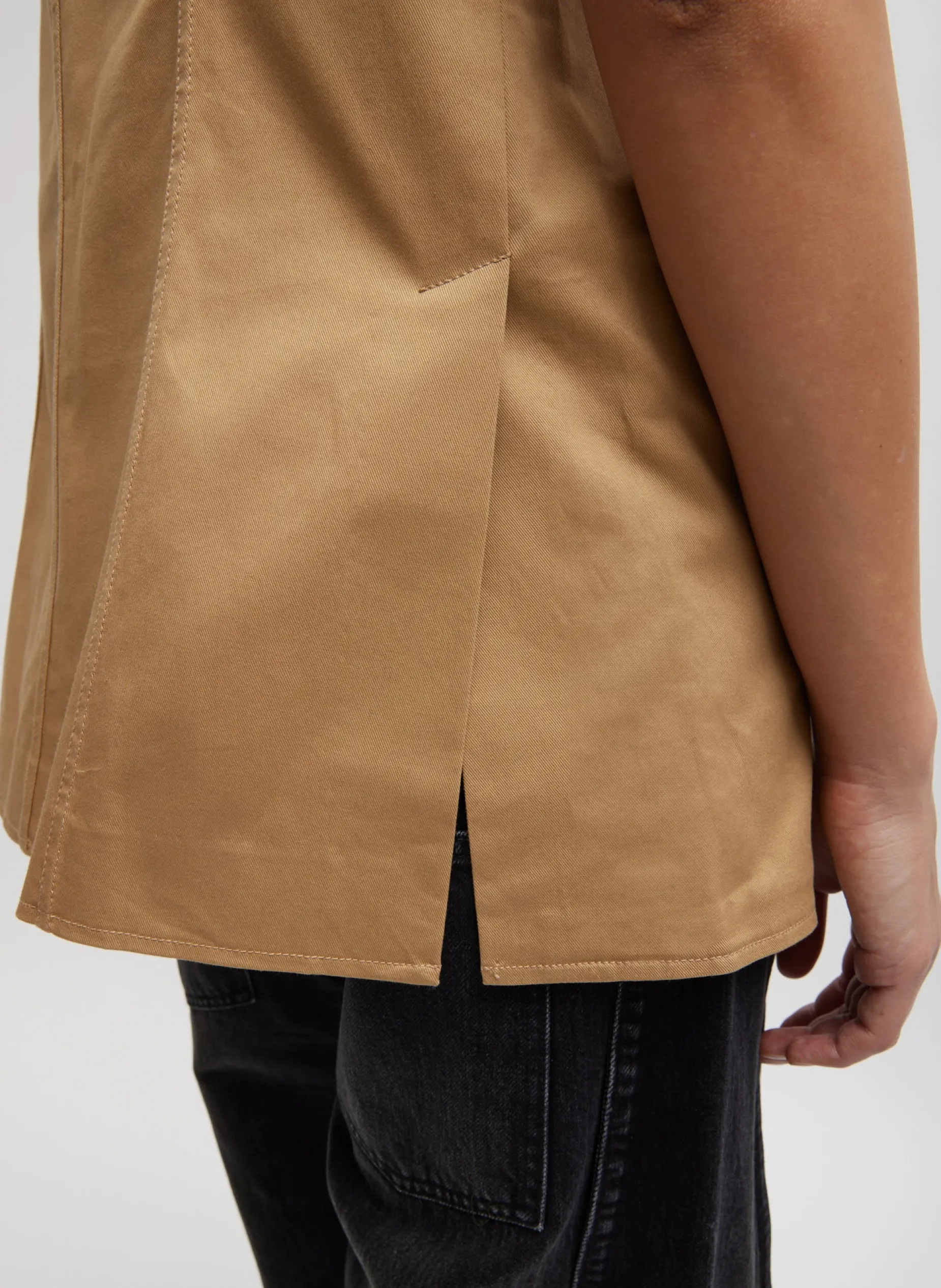 Tops|Curated Closets>Tibi Chino Slit Front Sleeveless Tunic Tan