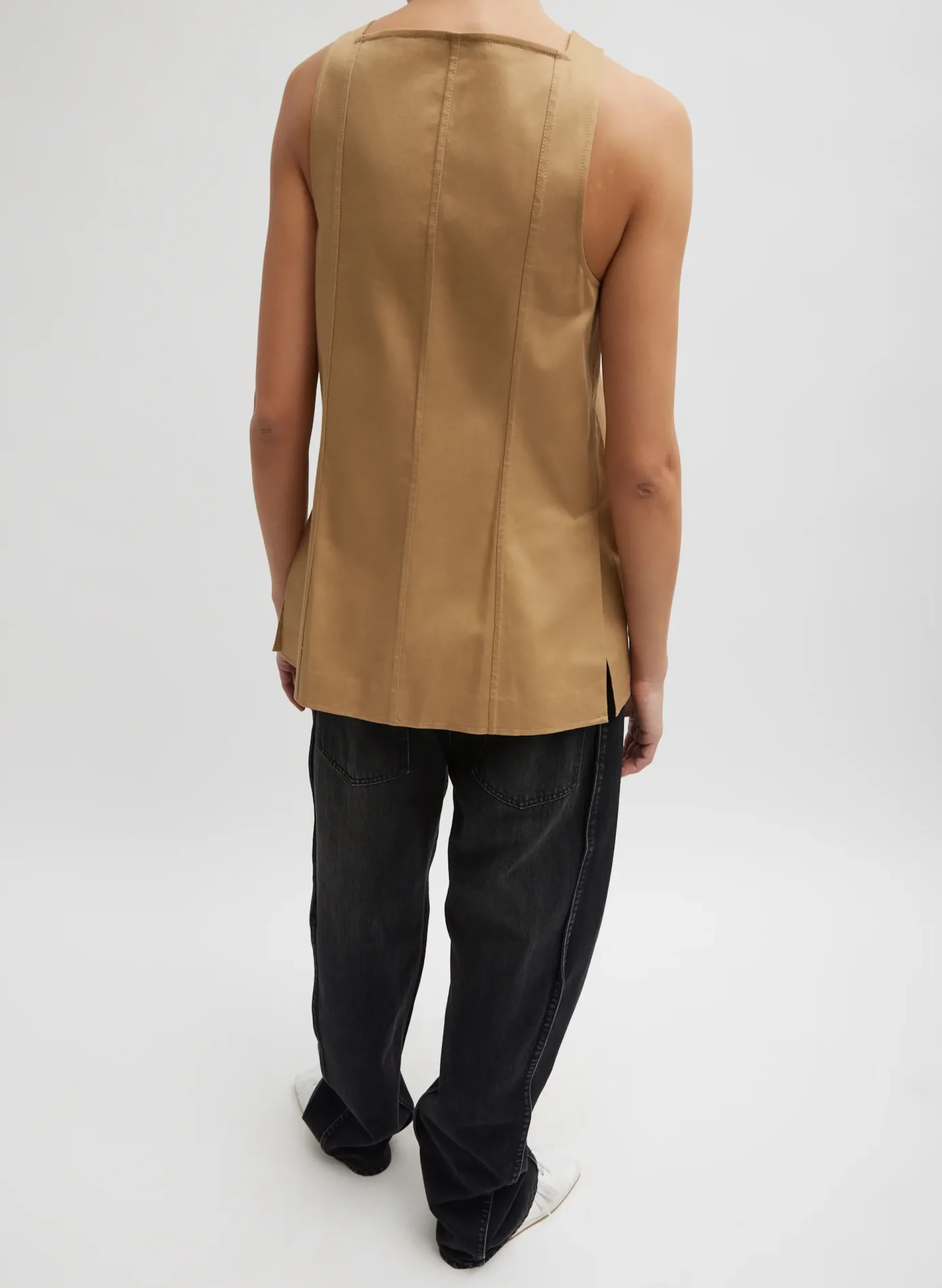 Tops|Curated Closets>Tibi Chino Slit Front Sleeveless Tunic Tan