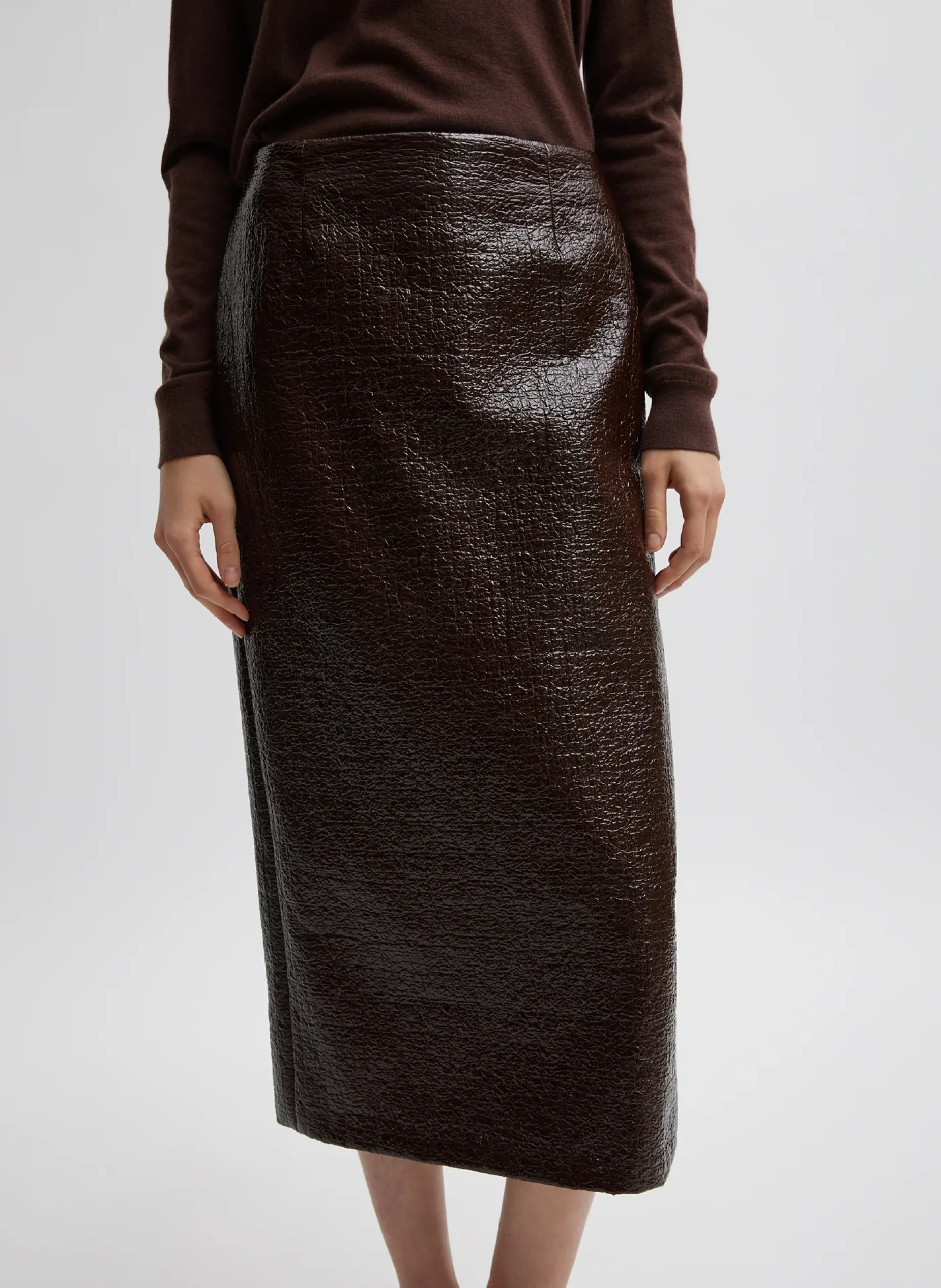 Skirts>Tibi Coated Basketweave Pencil Skirt Brown