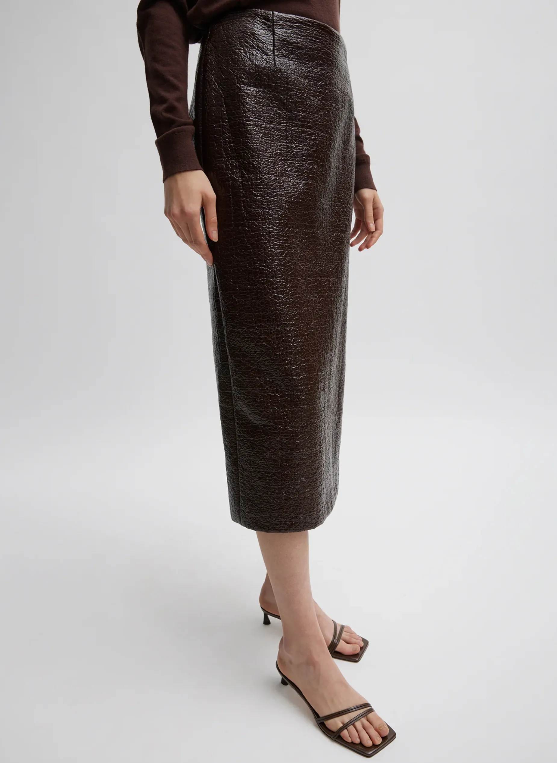 Skirts>Tibi Coated Basketweave Pencil Skirt Brown