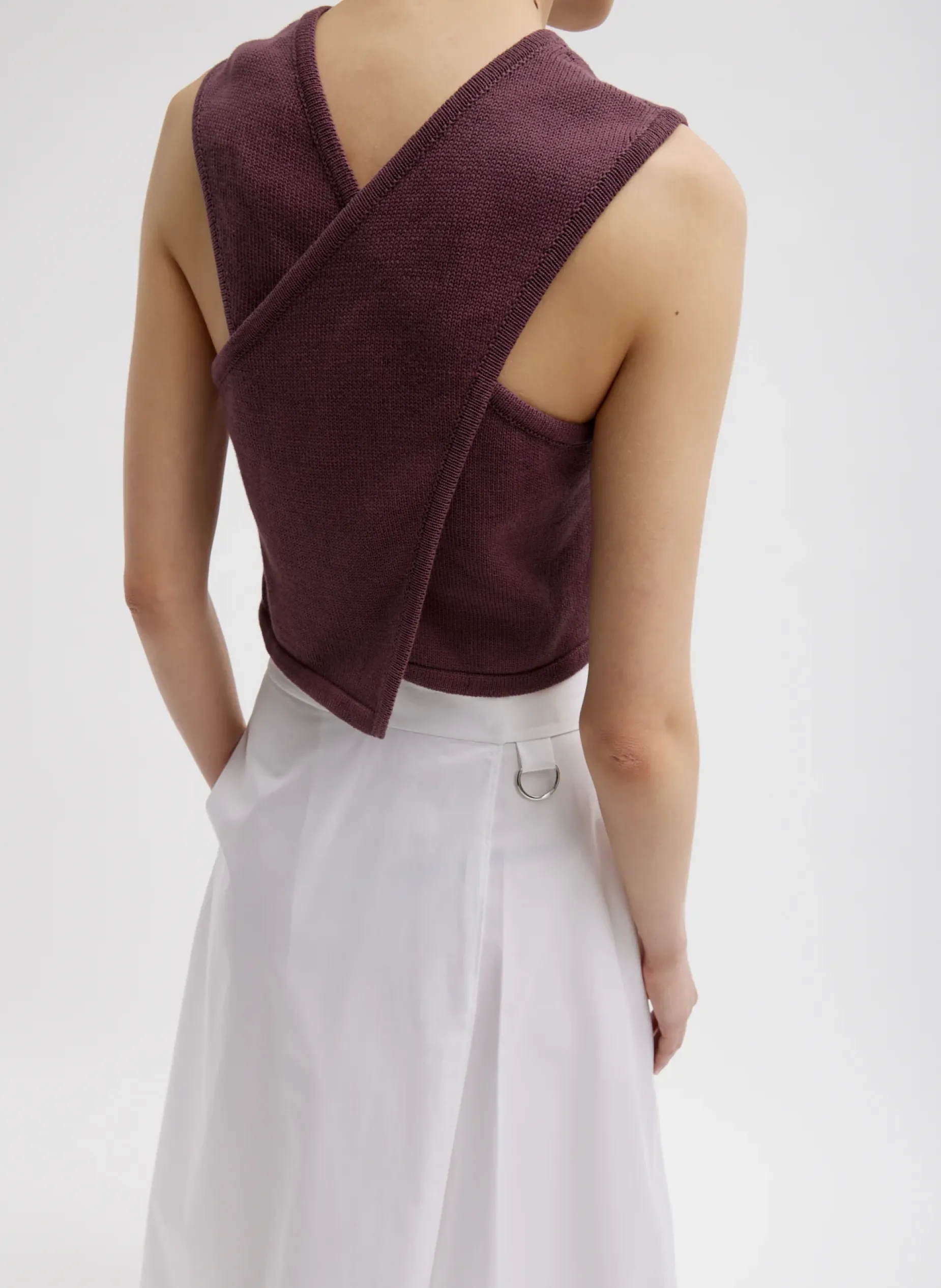 Knitwear & Sweatshirts|Coming Soon>Tibi Cotton Criss Cross Cropped Sleeveless Sweater Cinnamon