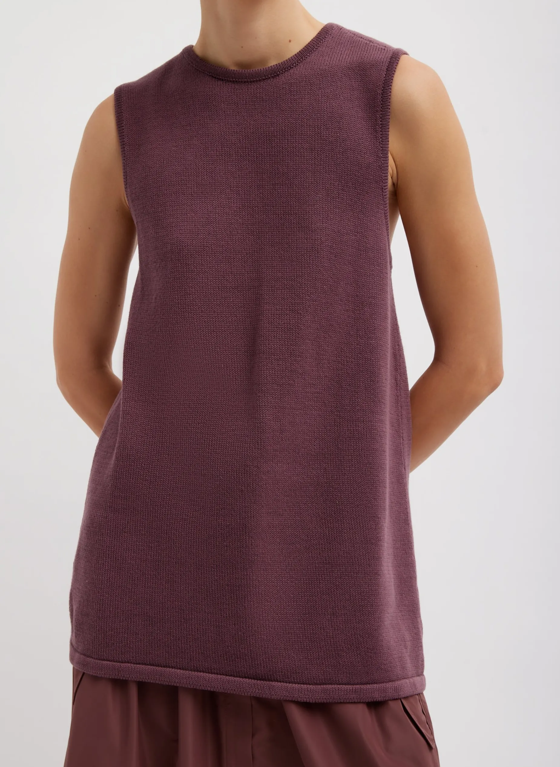 Knitwear & Sweatshirts|Coming Soon>Tibi Cotton Criss Cross Sleeveless Sweater Cinnamon