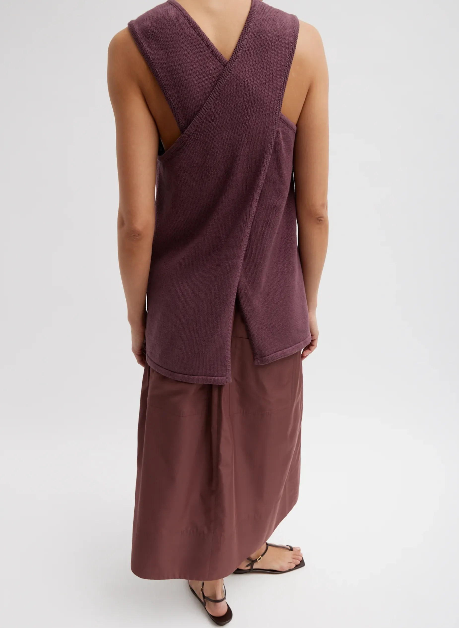 Knitwear & Sweatshirts|Coming Soon>Tibi Cotton Criss Cross Sleeveless Sweater Cinnamon