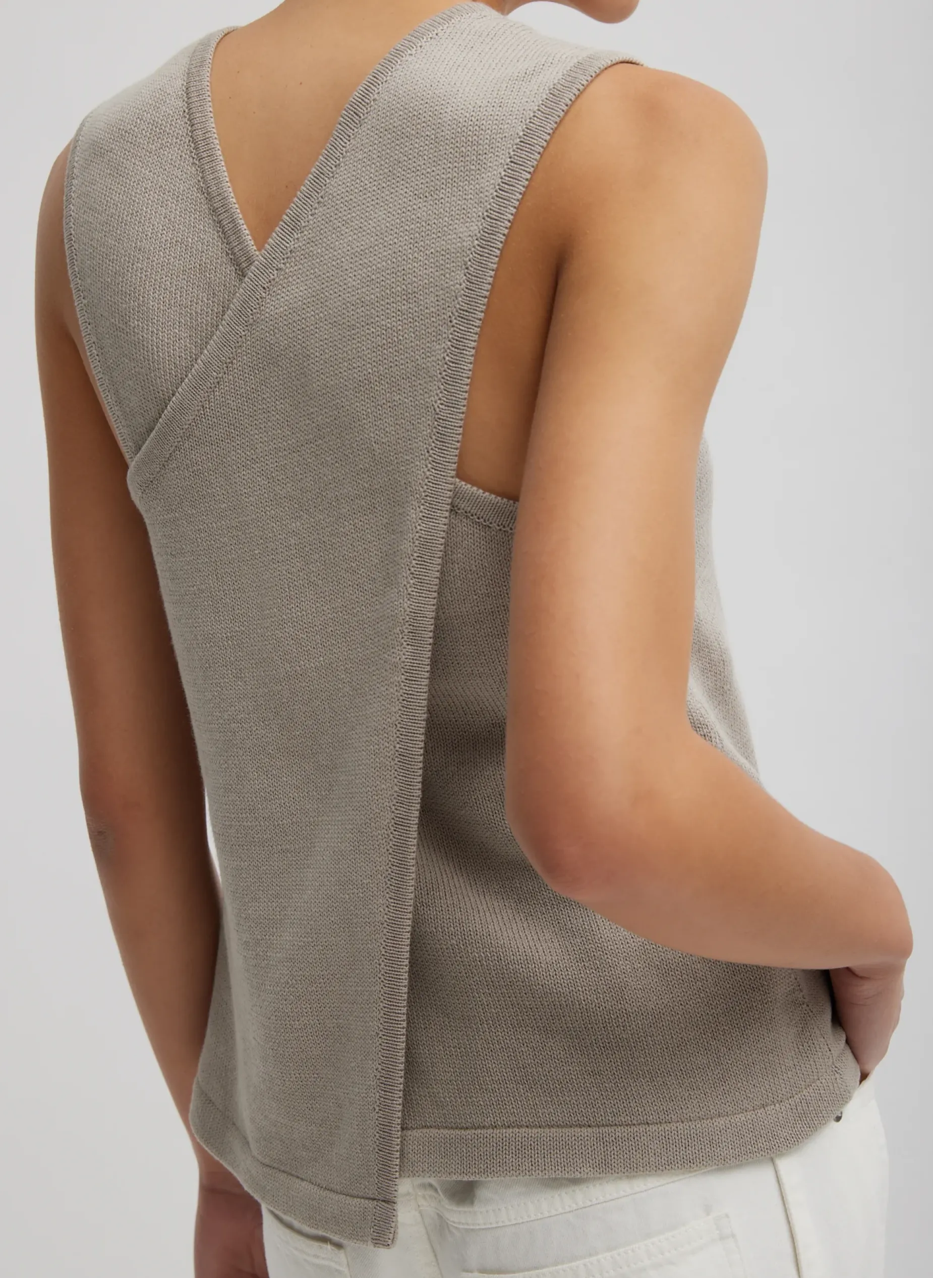 Knitwear & Sweatshirts>Tibi Cotton Criss Cross Sleeveless Sweater Light Stone