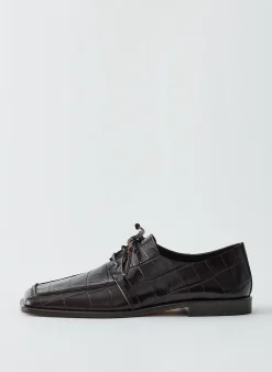 Flats>Tibi Croc Print Brody Square Toe Loafer Dark Brown