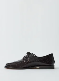 Flats>Tibi Croc Print Brody Square Toe Loafer Dark Brown
