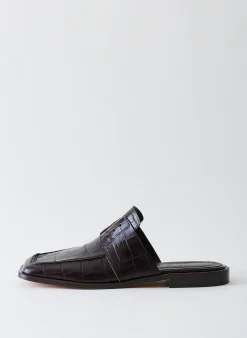 Flats>Tibi Croc Print Pedro Slide Square Toe Loafer Dark Brown