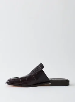 Flats>Tibi Croc Print Pedro Slide Square Toe Loafer Dark Brown