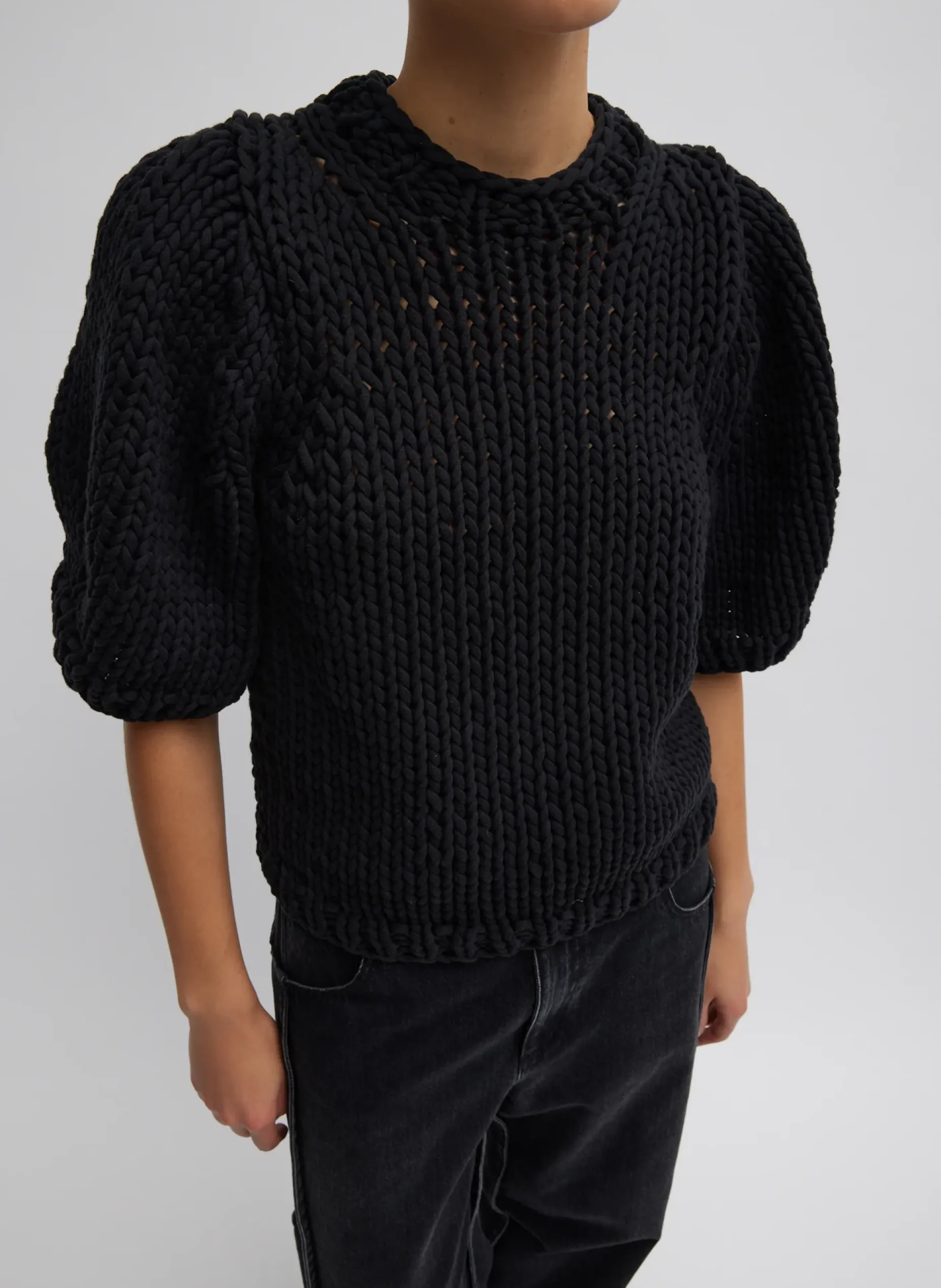 Knitwear & Sweatshirts>Tibi Deluxe Tube Yarn Sweater Mini Puff Pullover Black