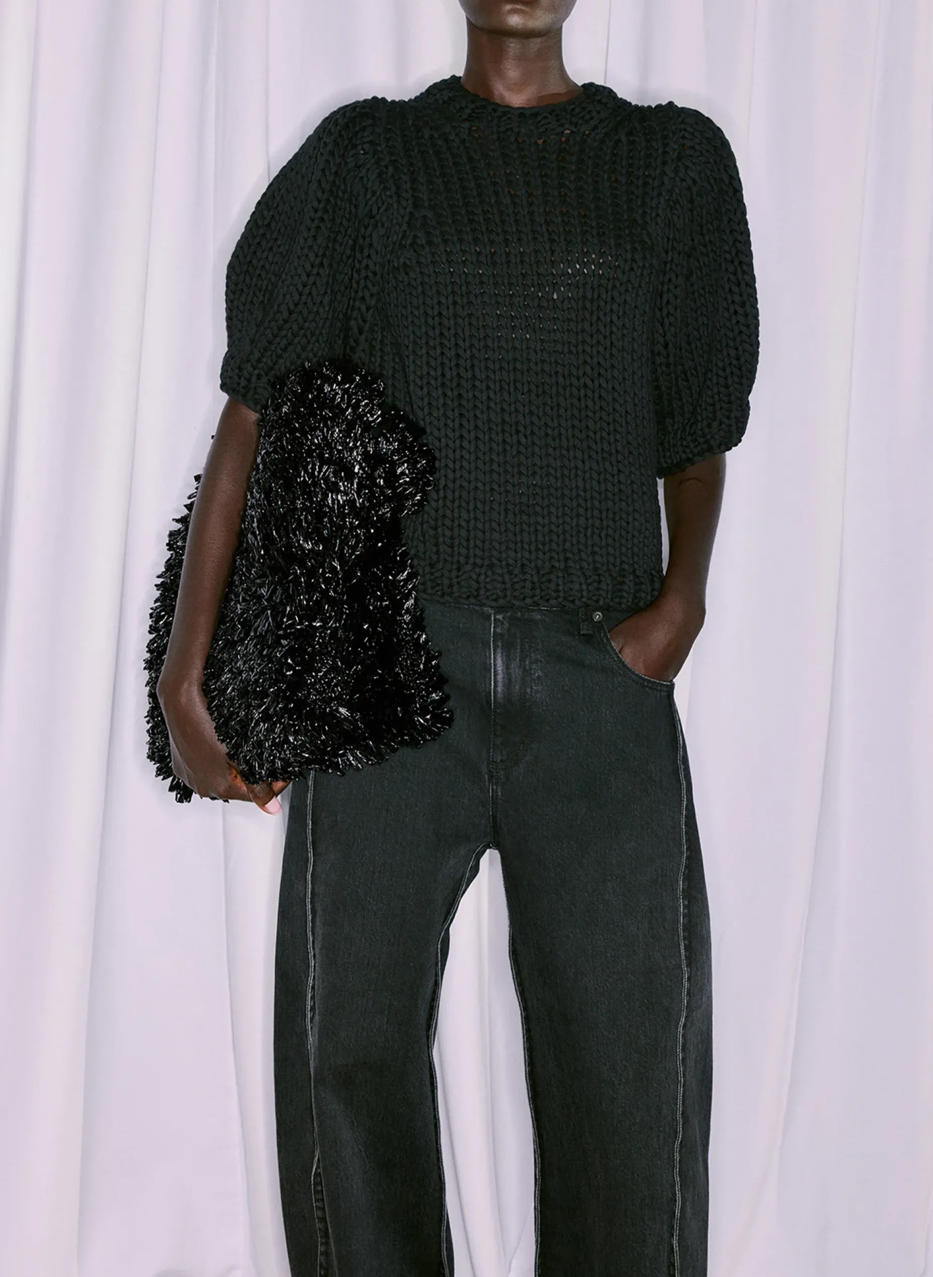 Knitwear & Sweatshirts>Tibi Deluxe Tube Yarn Sweater Mini Puff Pullover Black