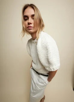 Knitwear & Sweatshirts>Tibi Deluxe Tube Yarn Sweater Mini Puff Pullover White