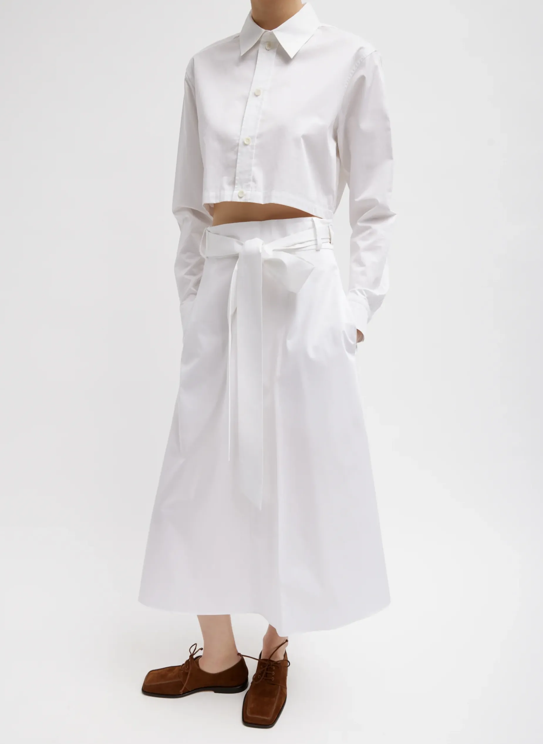 Skirts>Tibi Eco Poplin Back Wrap Skirt White