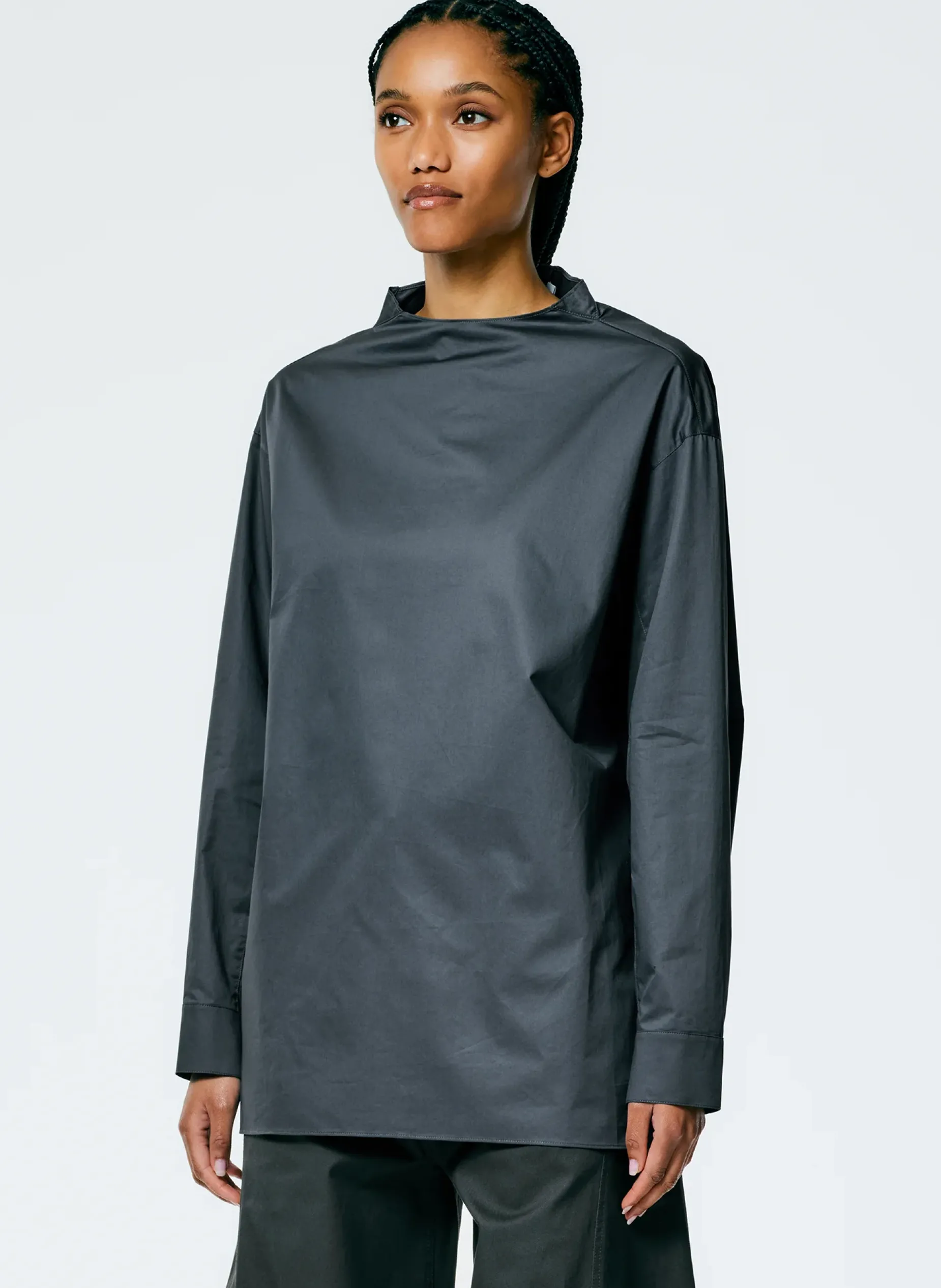 Tops>Tibi Eco Poplin Funnelneck Top Navy Fog