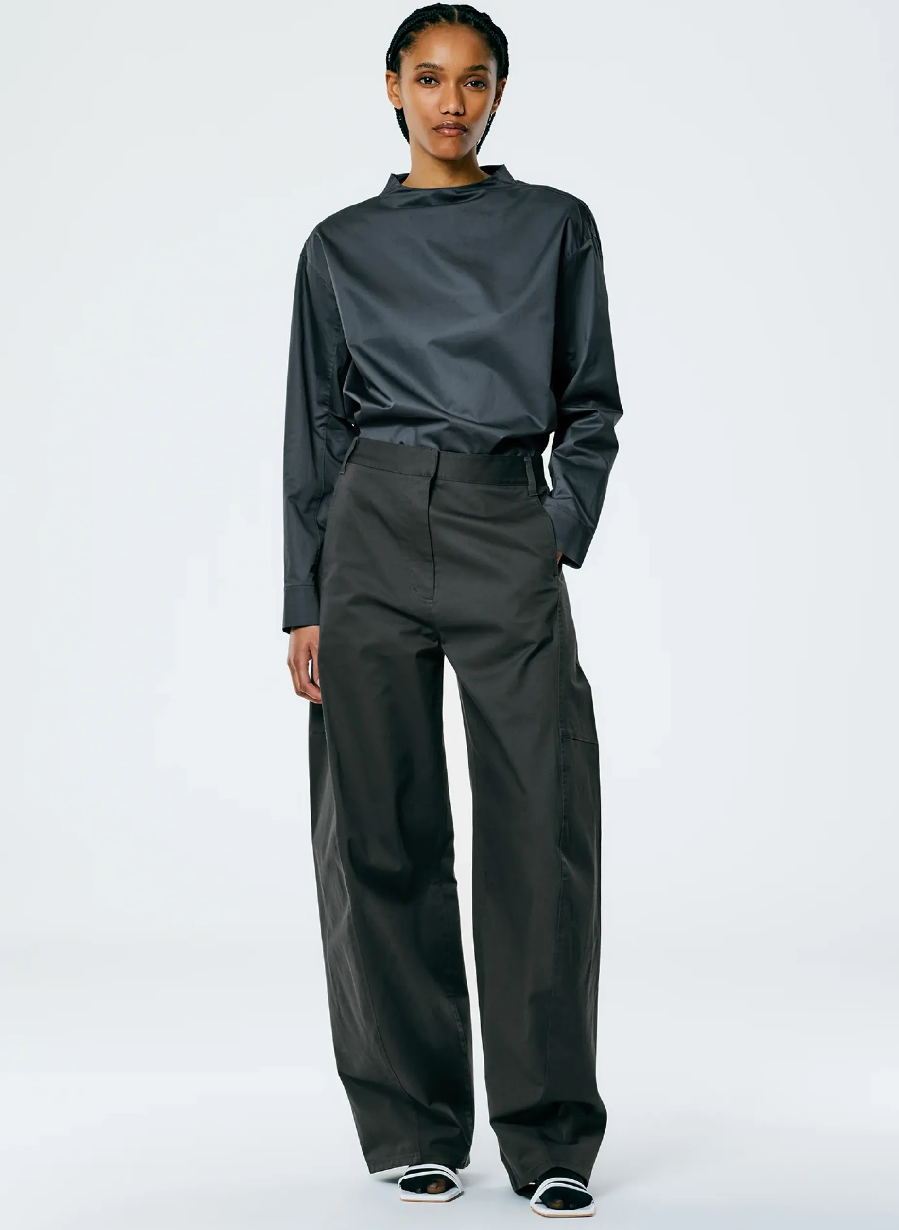 Tops>Tibi Eco Poplin Funnelneck Top Navy Fog