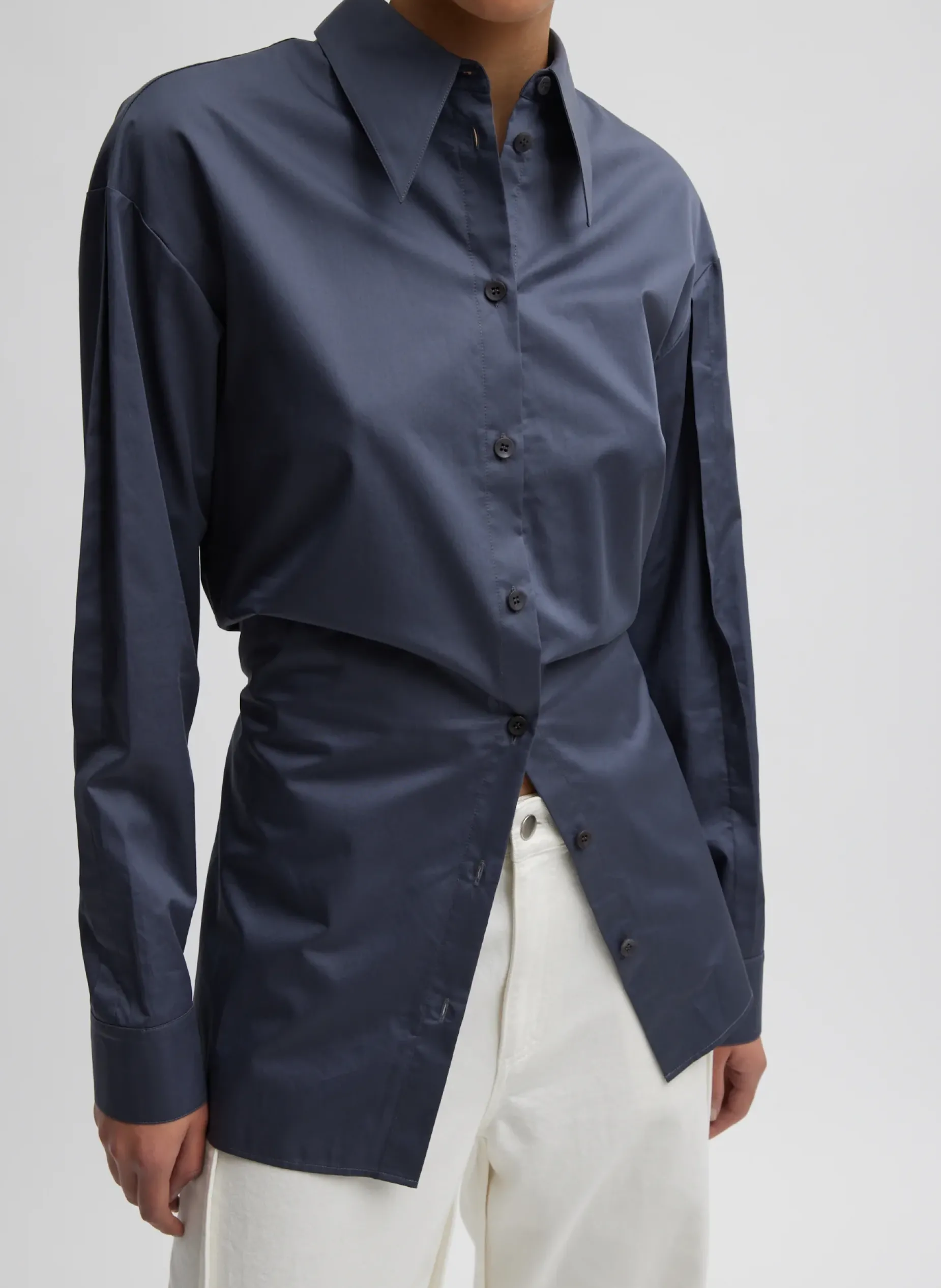 Tops>Tibi Eco Poplin Shirt With Tucked Sleeve Shark Grey