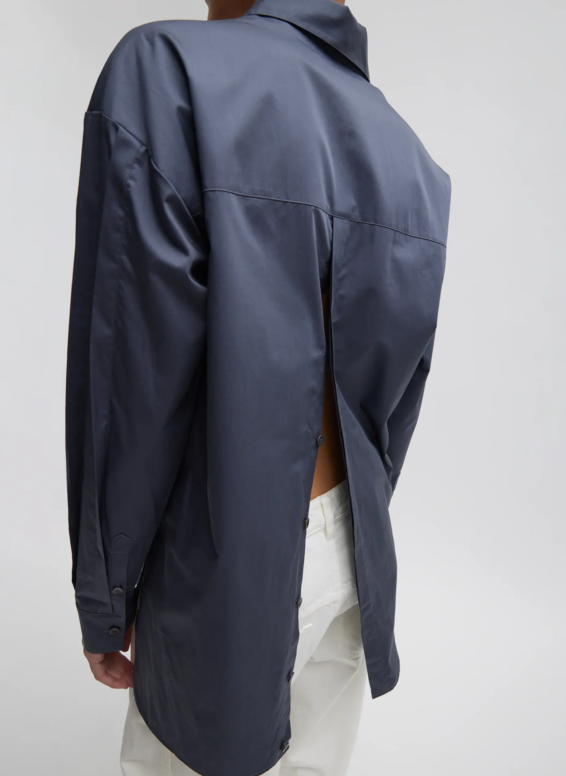 Tops>Tibi Eco Poplin Shirt With Tucked Sleeve Shark Grey