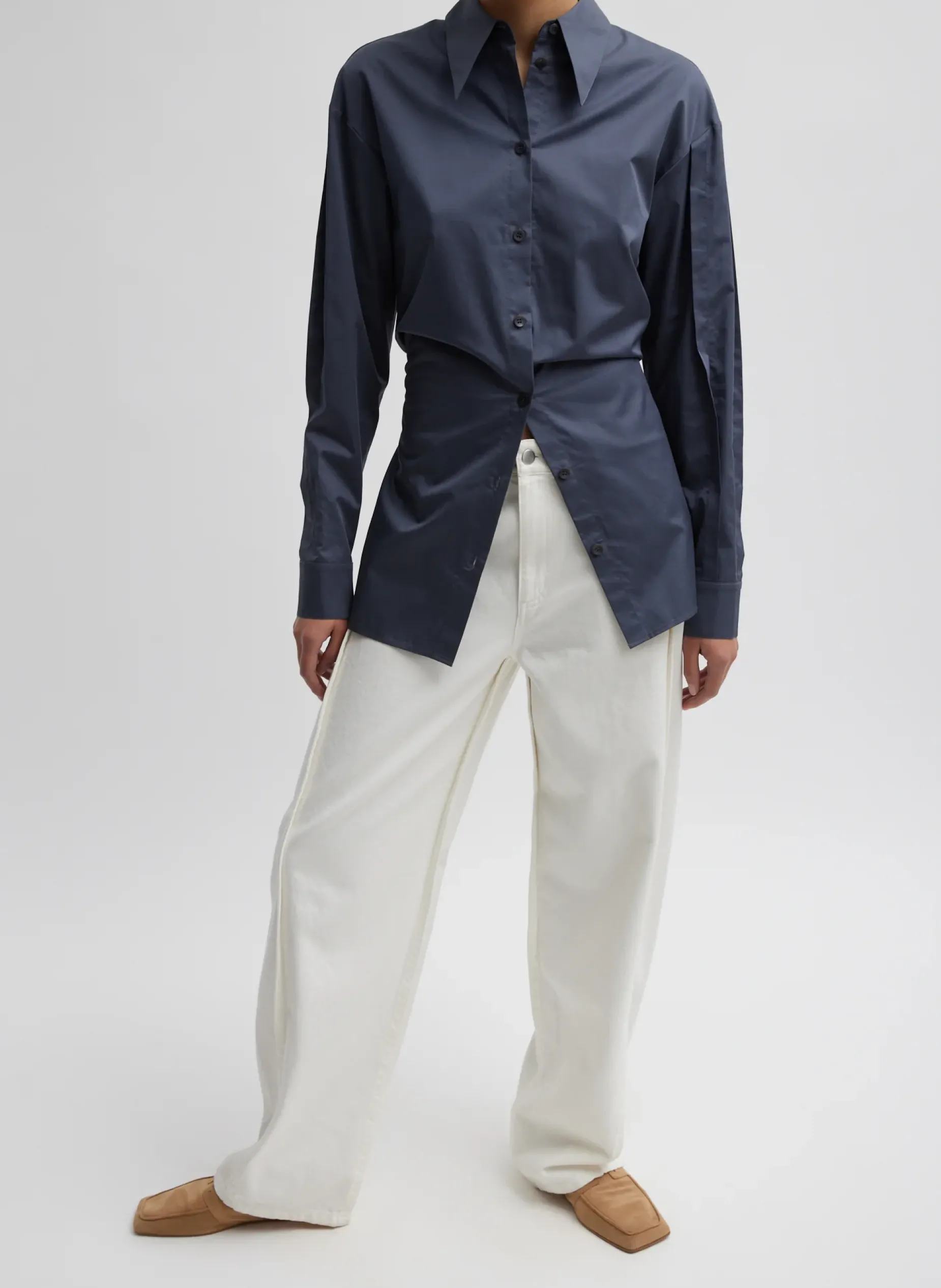 Tops>Tibi Eco Poplin Shirt With Tucked Sleeve Shark Grey