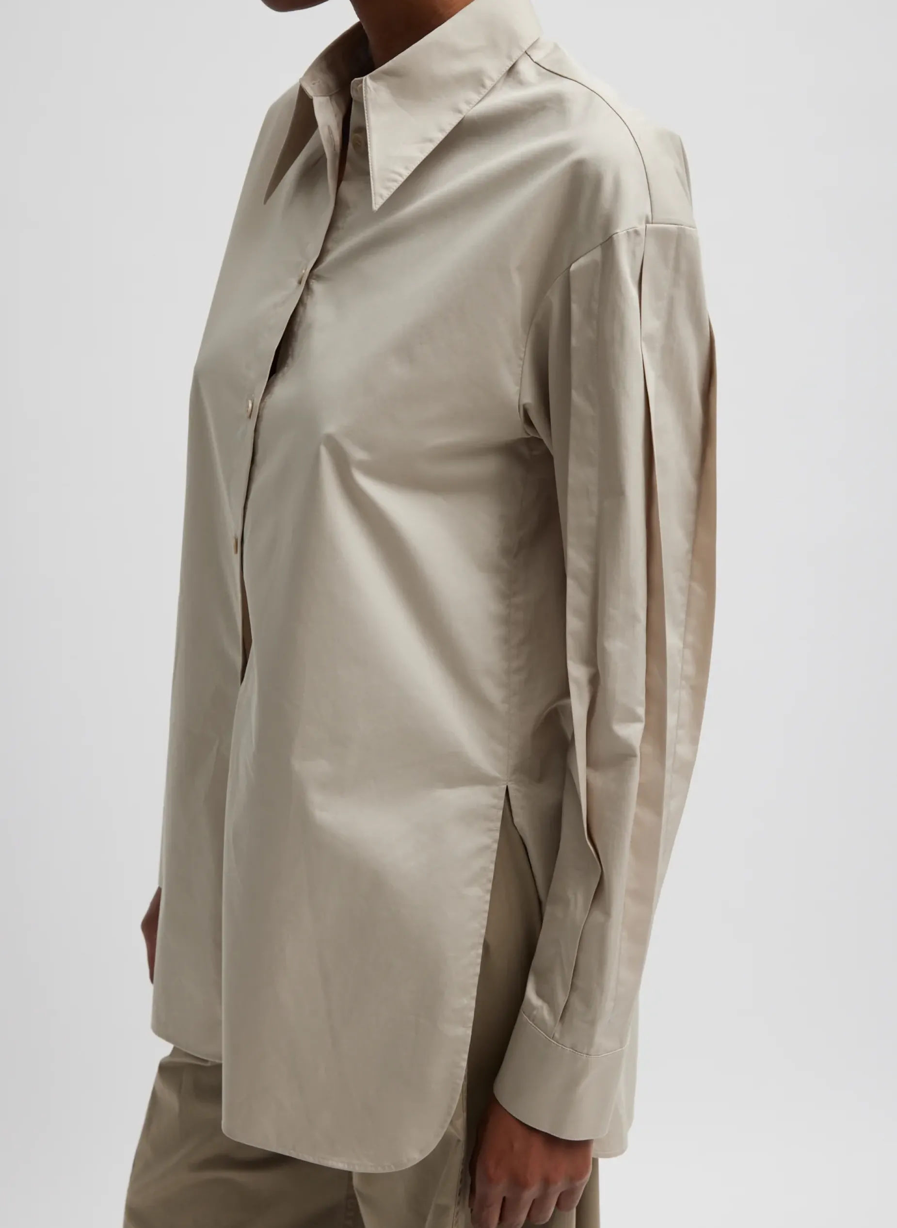 Tops>Tibi Eco Poplin Shirt With Tucked Sleeve Light Stone