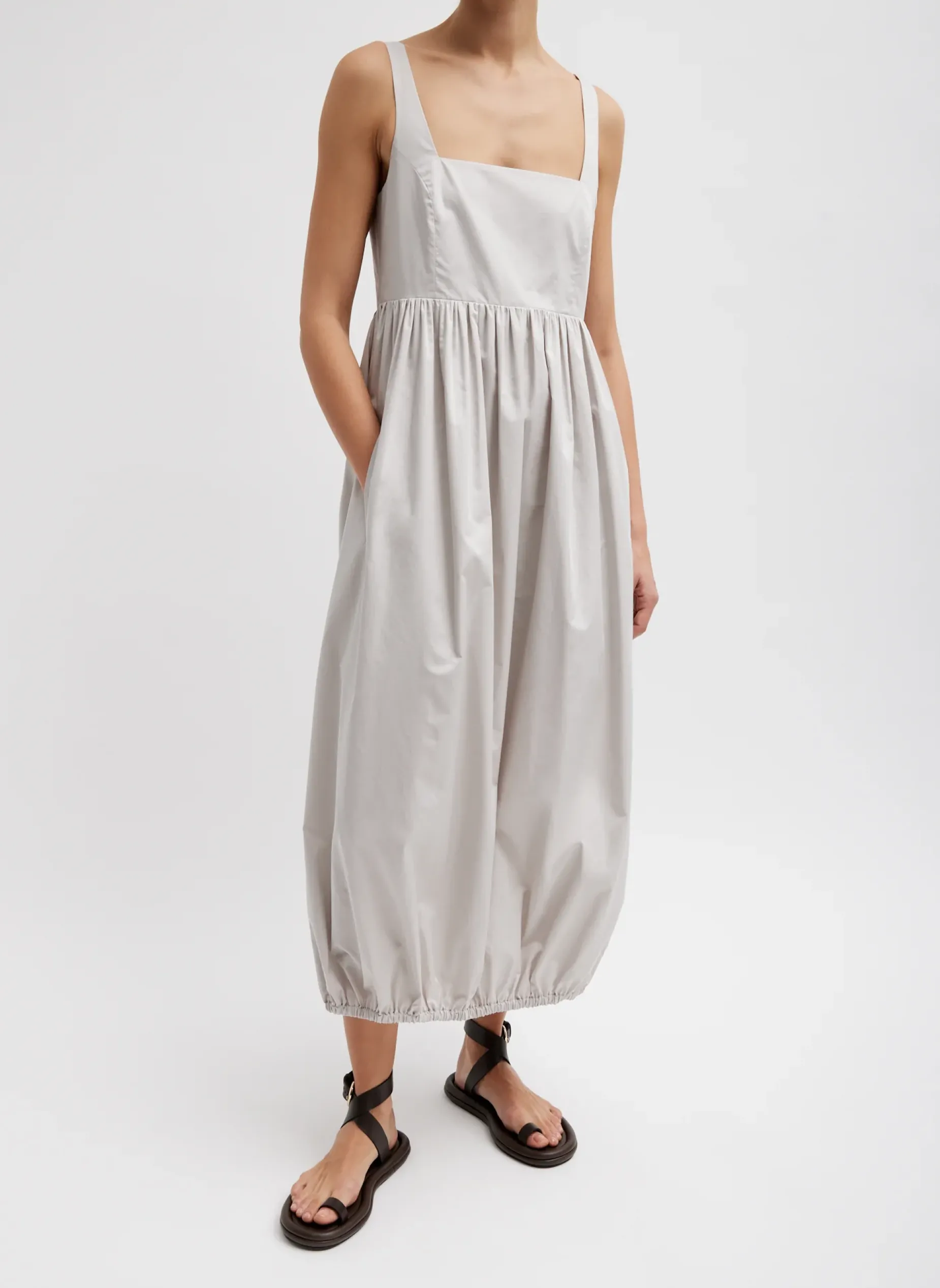 Dresses>Tibi Eco Poplin Square Neck Sculpted Dress Stone