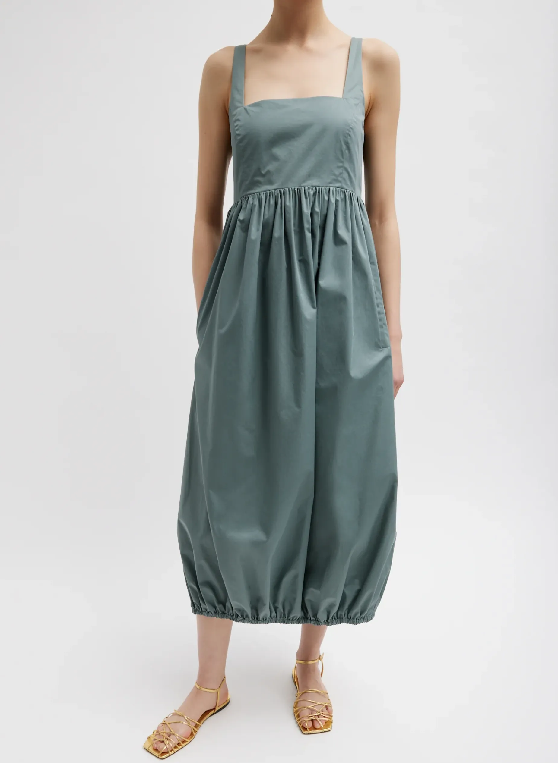 Dresses>Tibi Eco Poplin Square Neck Sculpted Dress Green Limestone