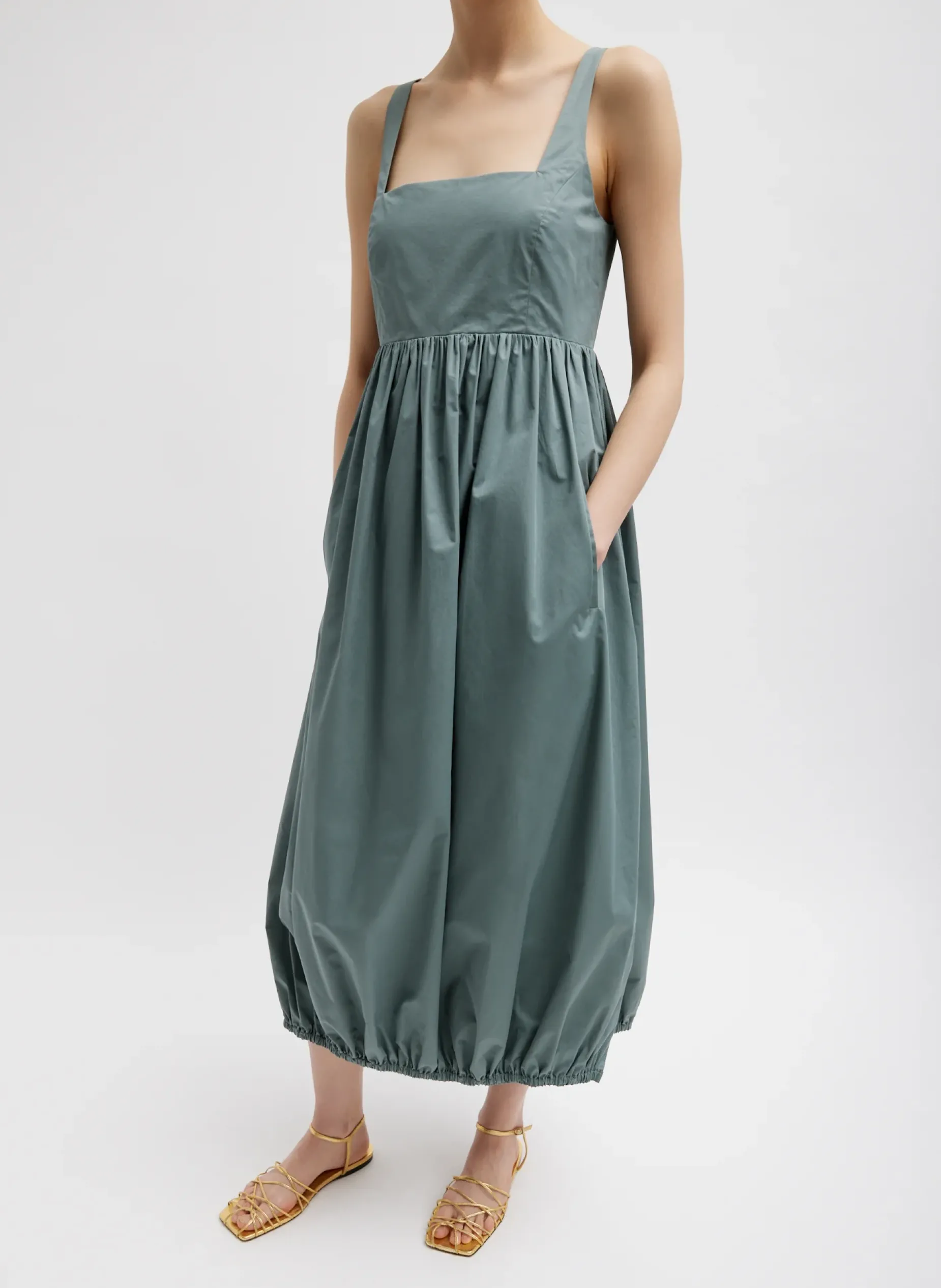 Dresses>Tibi Eco Poplin Square Neck Sculpted Dress Green Limestone