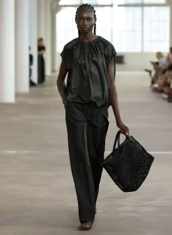 Tops>Tibi Feather Weight Leather Shirred Neck Circular Top Black