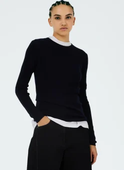 Knitwear & Sweatshirts|Fundamentals - WOFs>Tibi Feather Weight Ribbed Crewneck Pullover Sweater Navy