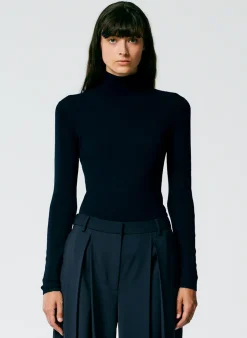 Knitwear & Sweatshirts|Fundamentals - WOFs>Tibi Featherweight Ribbed Sweater Turtleneck Pullover Navy
